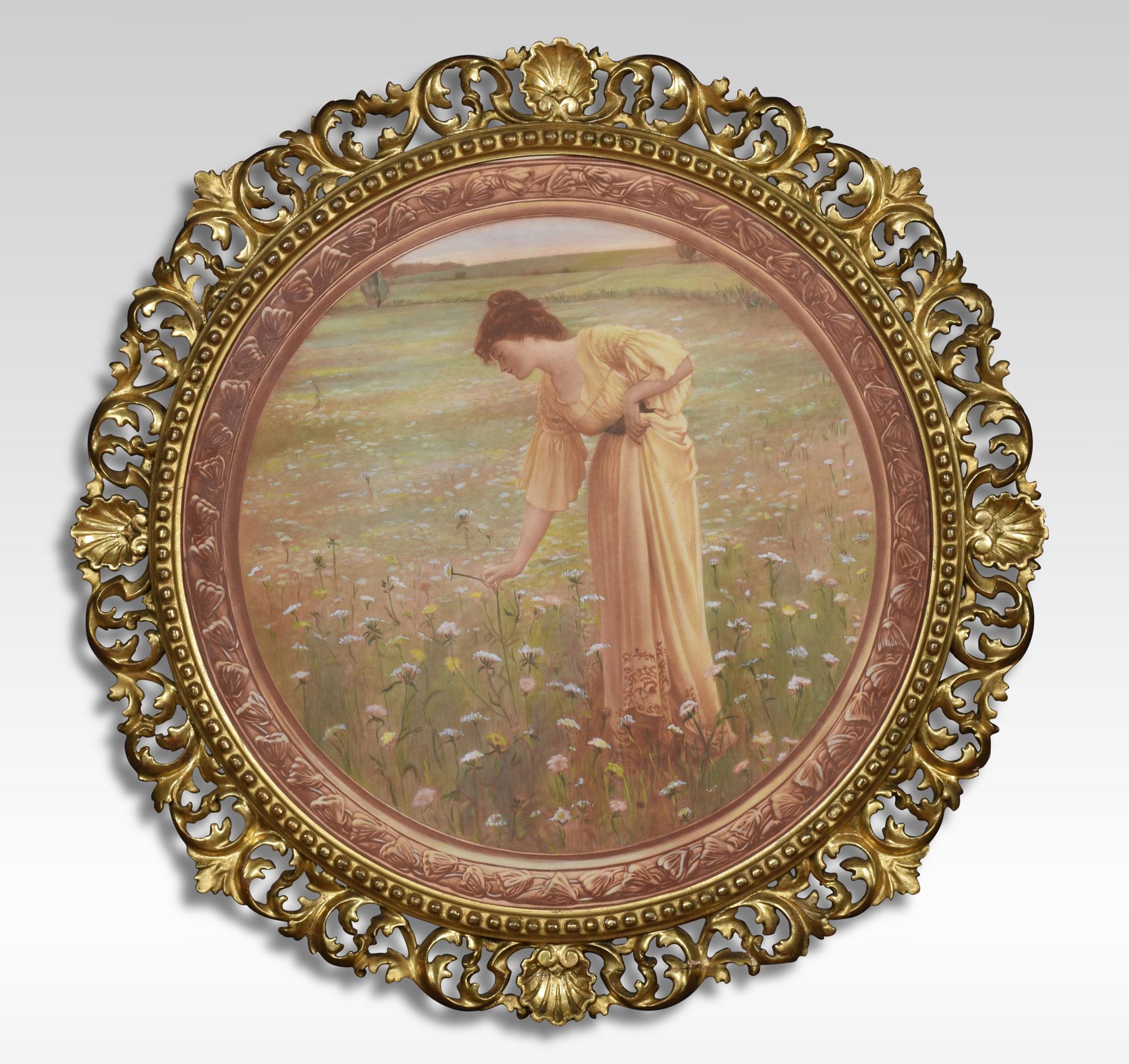 A pair of mezzotints, the sea hath its pearls and the flowers of the field. Hand-colored mezzotints printed in sepia. Enclosed in Florentine foliated, pierced, carved and gilt frames.
Dimensions:
Height 26 inches
Width 26 inches
Depth 1 inches.