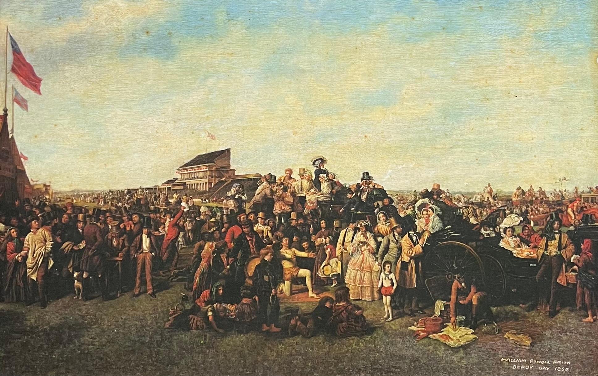 Large Classic British Horse Racing Color Print in Gold Frame Derby Day 1856 - Painting by after William Powell Frith