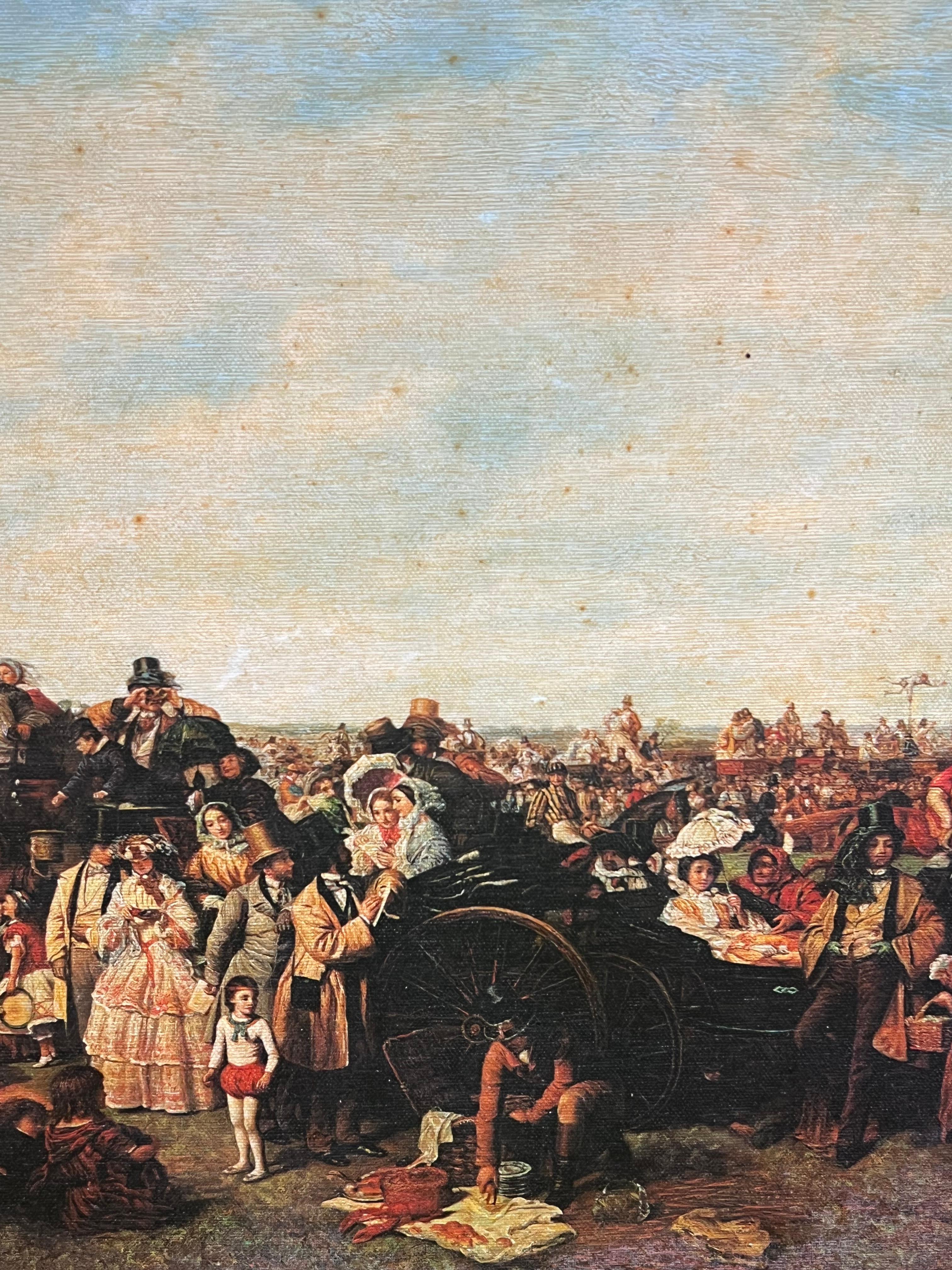 Large Classic British Horse Racing Color Print in Gold Frame Derby Day 1856 - English School Painting by after William Powell Frith