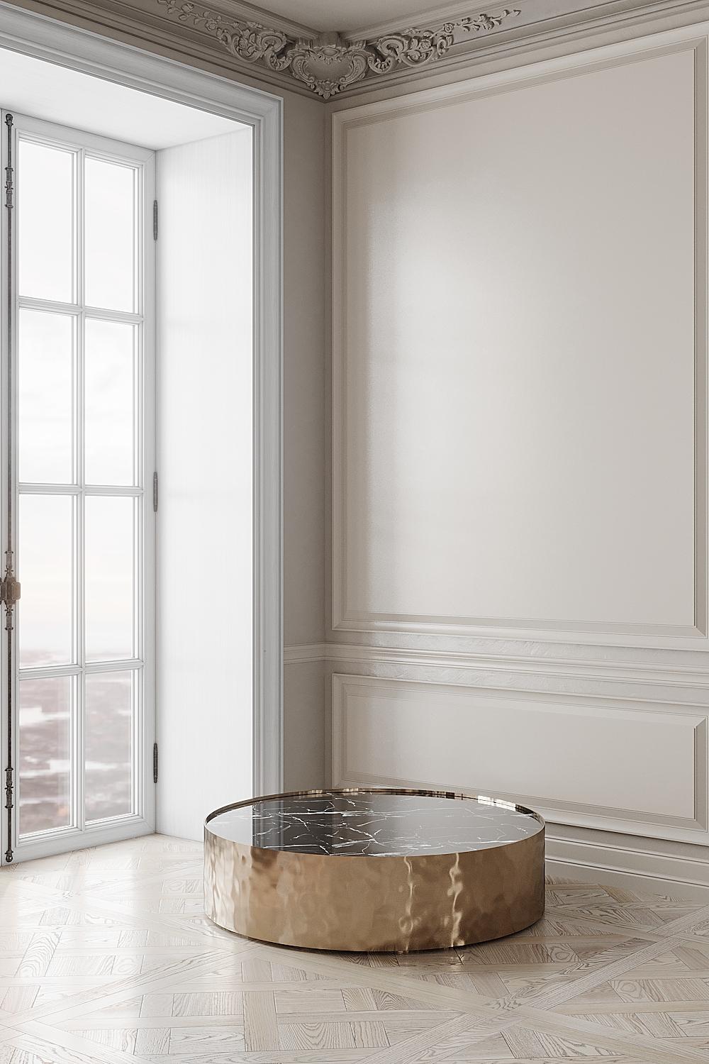 The Afterglow coffee table is designed by Emél & Browne in the minimalist and contemporary style and custom made in Italy by skilled artisans. The Circular Nero Marquina marble top evokes the certainty of the coming night, and acts as a back-drop