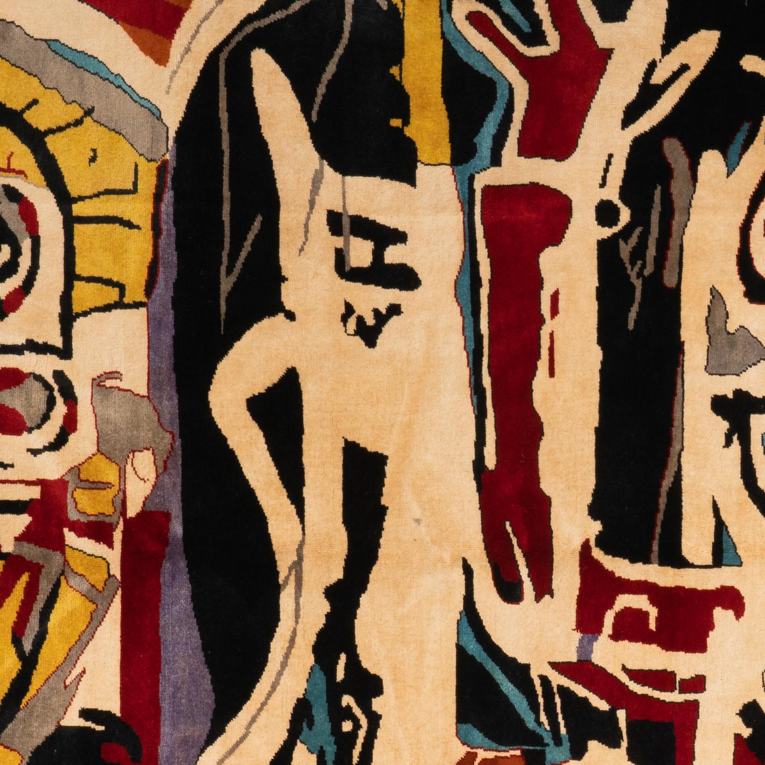 Rug,	or tapestry, after the work of Jean-Michel Basquiat entitled « Têtes	de poule » and dated 1982.	

Hand-knotted	and	in Merino	wool.	
Can	be installed on the	floor	 or displayed on the wall.	
Contemporary work of craftsmen.
Numbered 2/8.	 
Area :