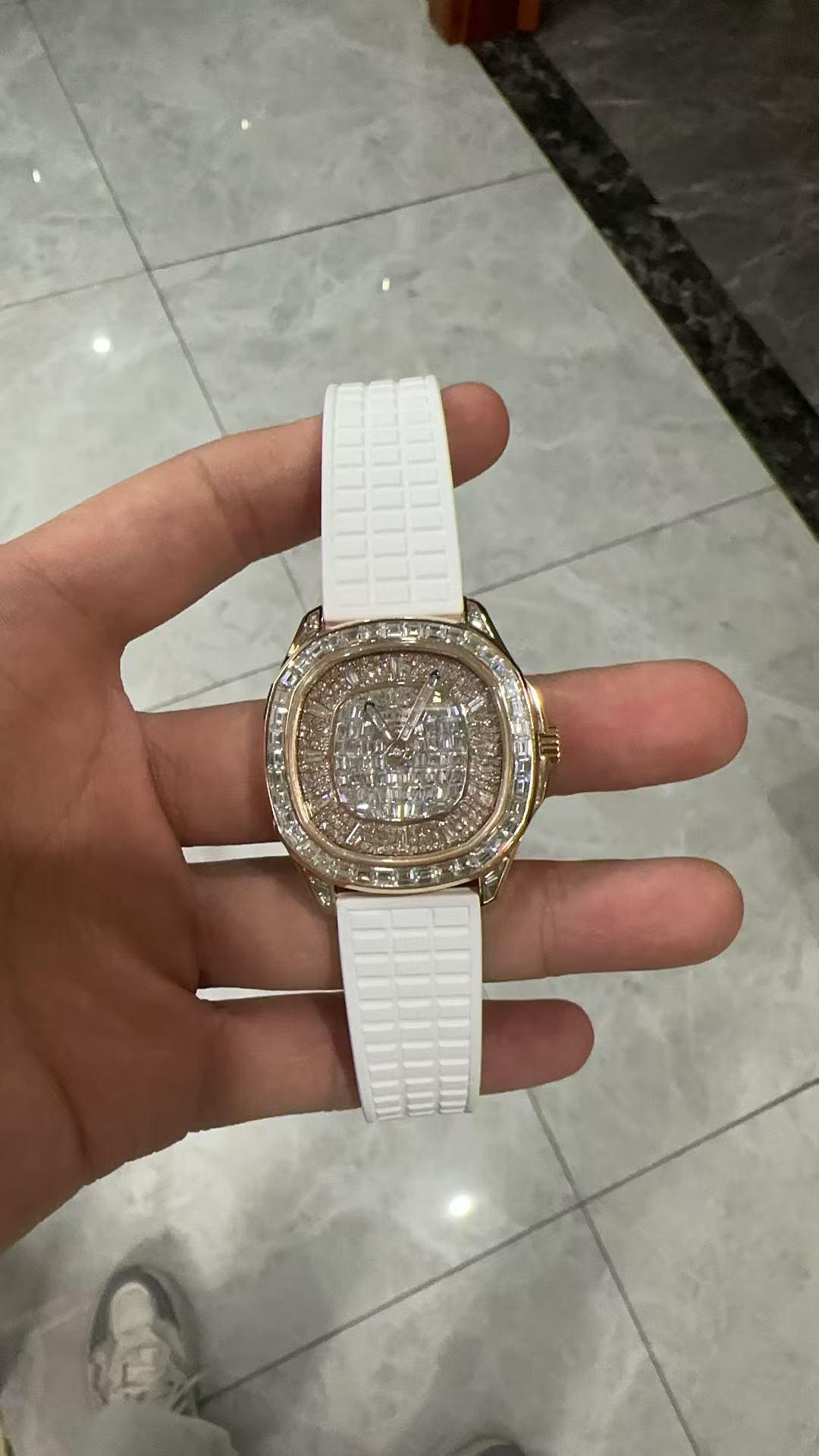 Aftermarket Patek Philippe 5062 Diamond Watch on White Rubber Band In Excellent Condition In Boca Raton, FL