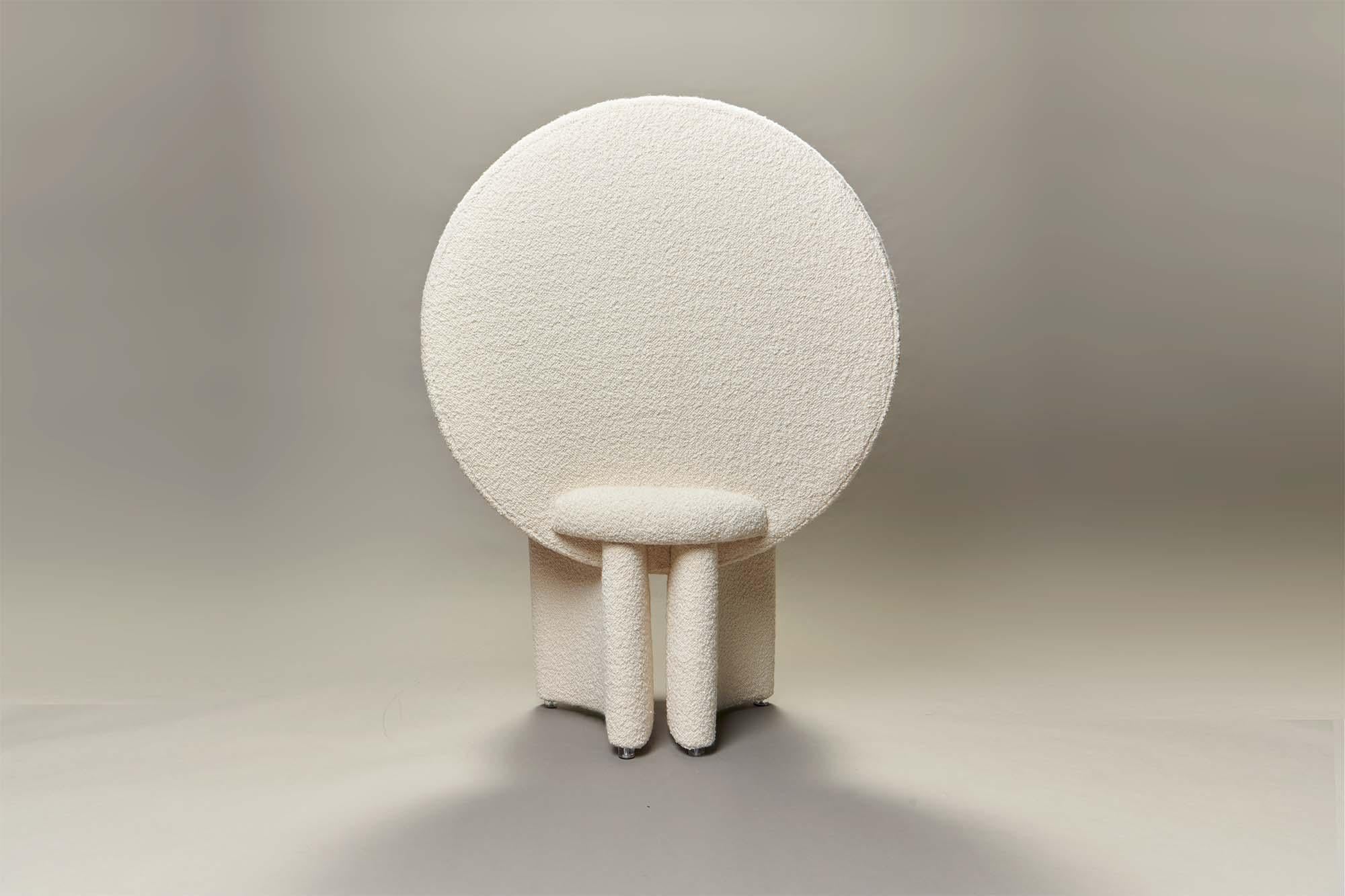 Modern Afternoon Chair, Sculptural, Dining, Occasional, Cream Boucle For Sale
