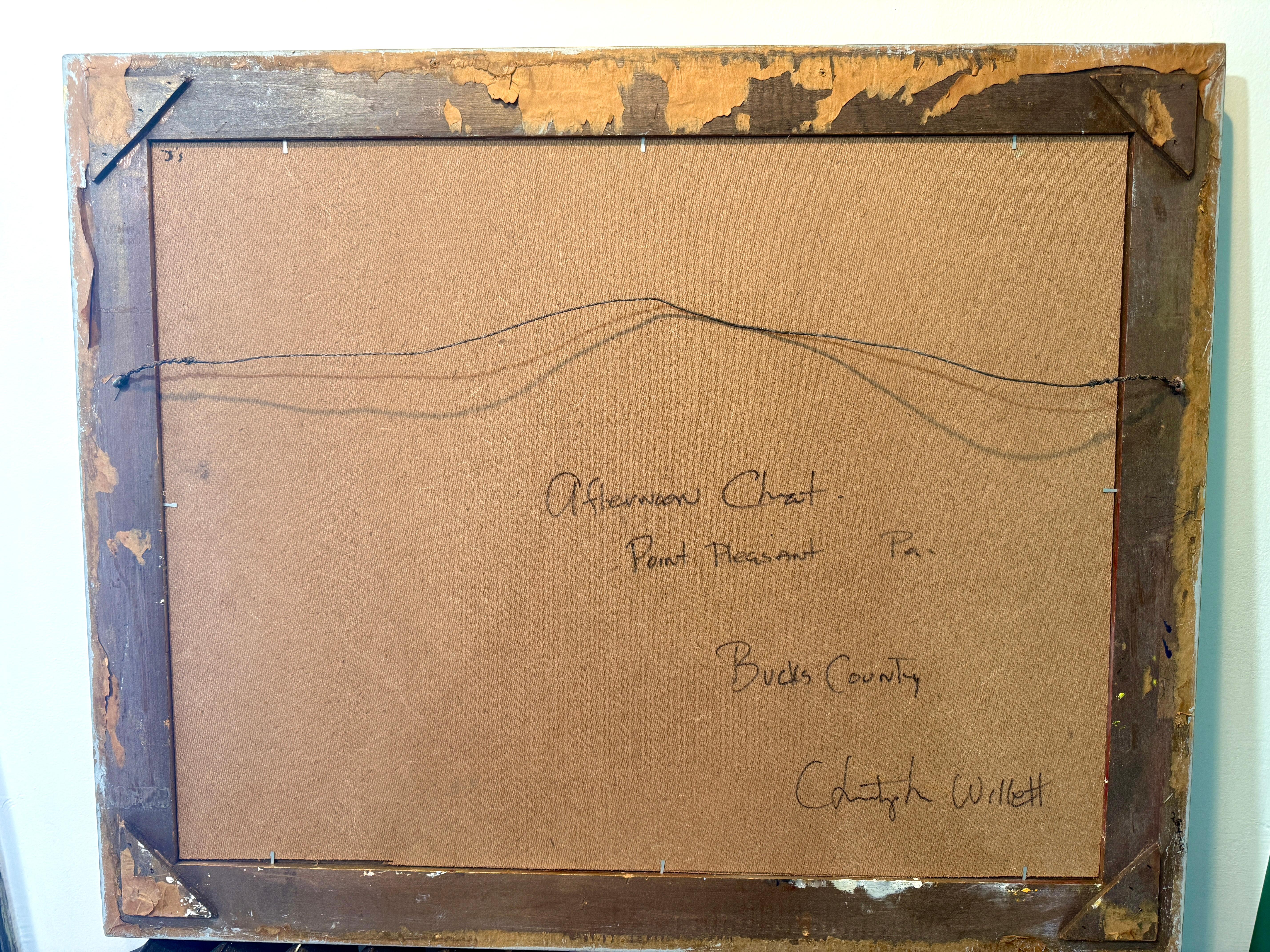 Chat de l'après-midi Point Pleasant Bucks County Pennsylvania Spring Scene Painting en vente 3