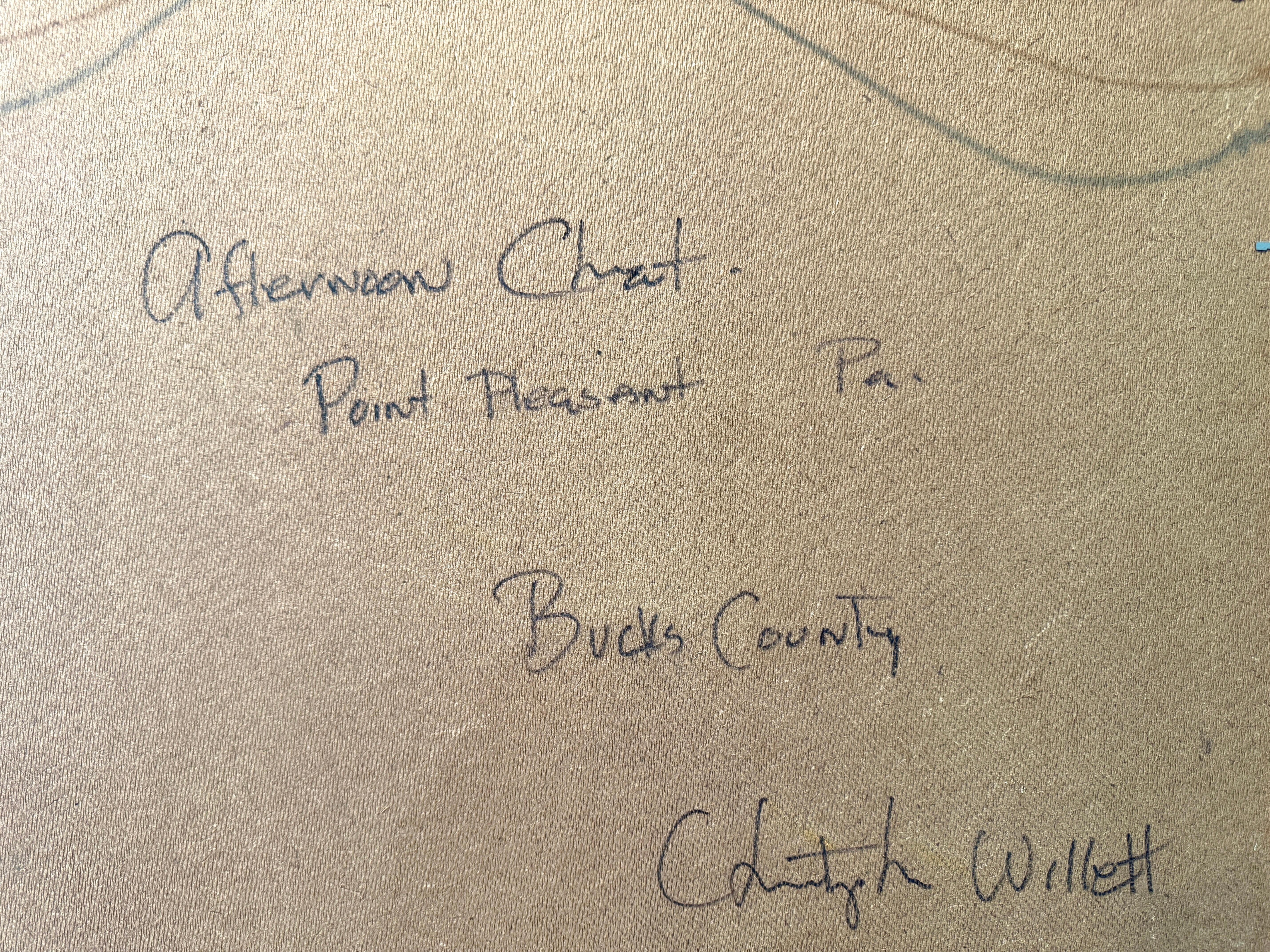 Chat de l'après-midi Point Pleasant Bucks County Pennsylvania Spring Scene Painting en vente 4