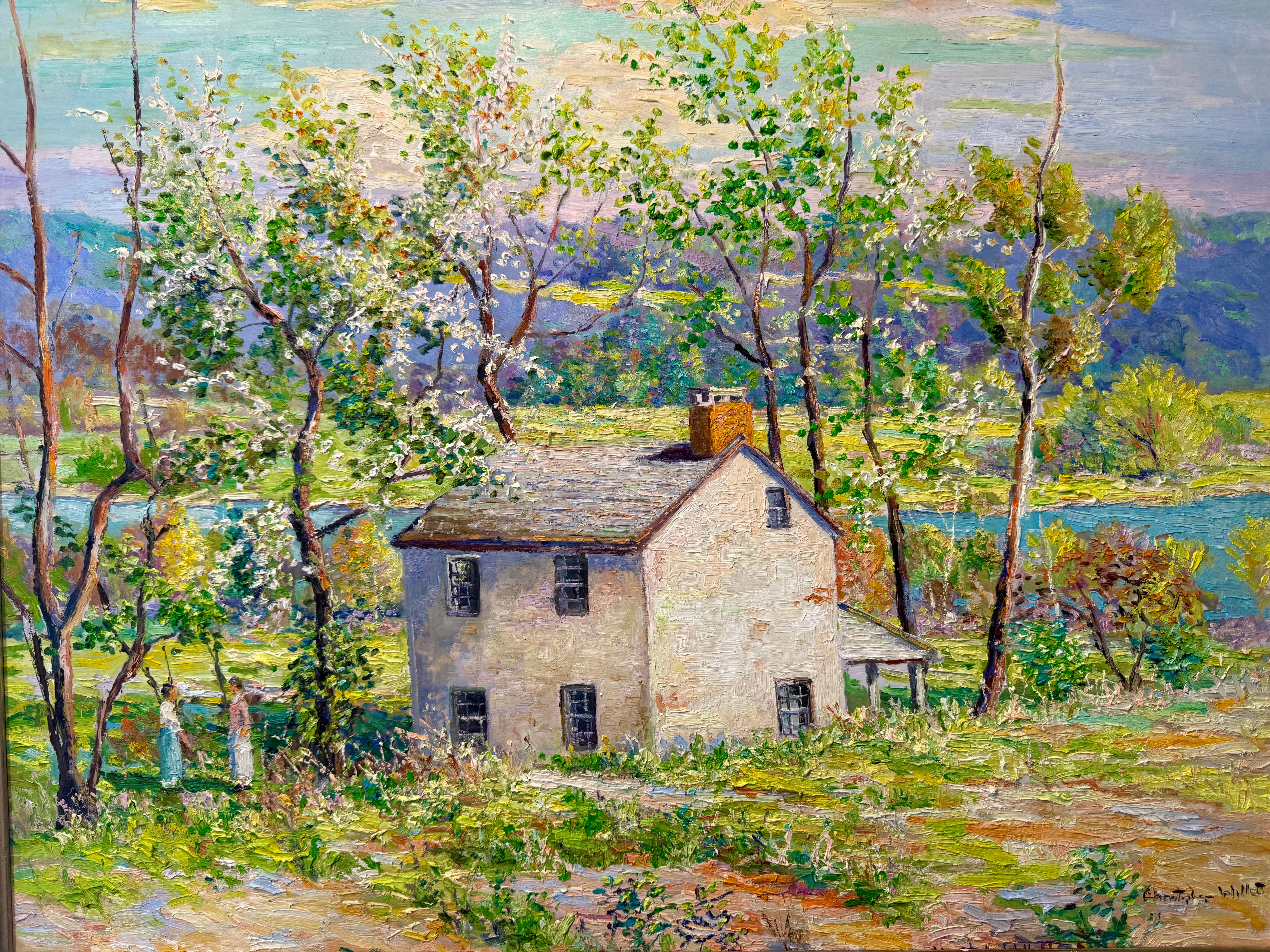 Impressionniste et pittoresque Bucks County Pa, un bel après-midi de printemps en chat. Deux amis profitent du paysage jeune et luxuriant à l'extérieur d'une maison de campagne à Point Pleasant, en Pennsylvanie. Représentation d'arbres colorés et de