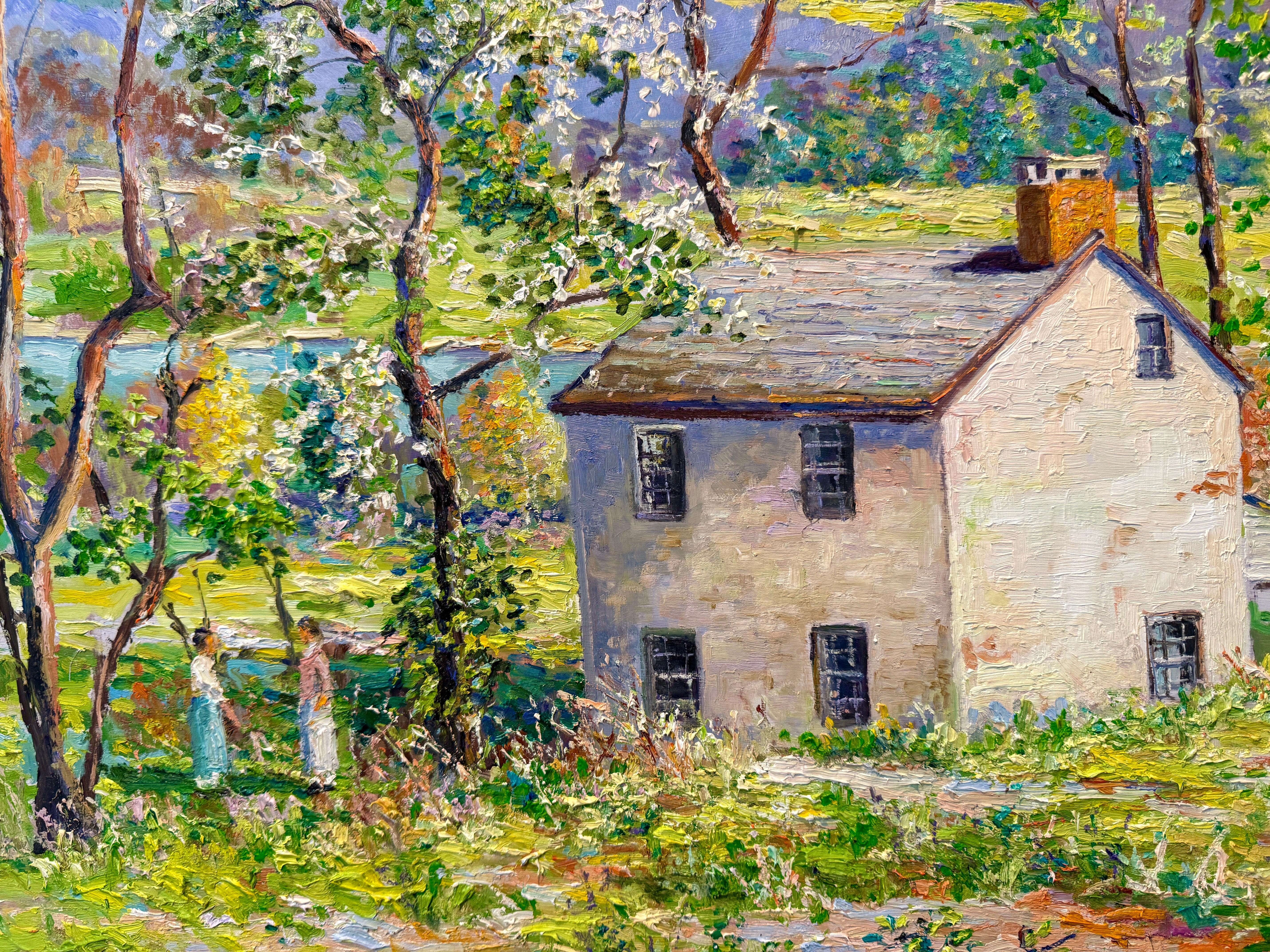 Classique américain Chat de l'après-midi Point Pleasant Bucks County Pennsylvania Spring Scene Painting en vente