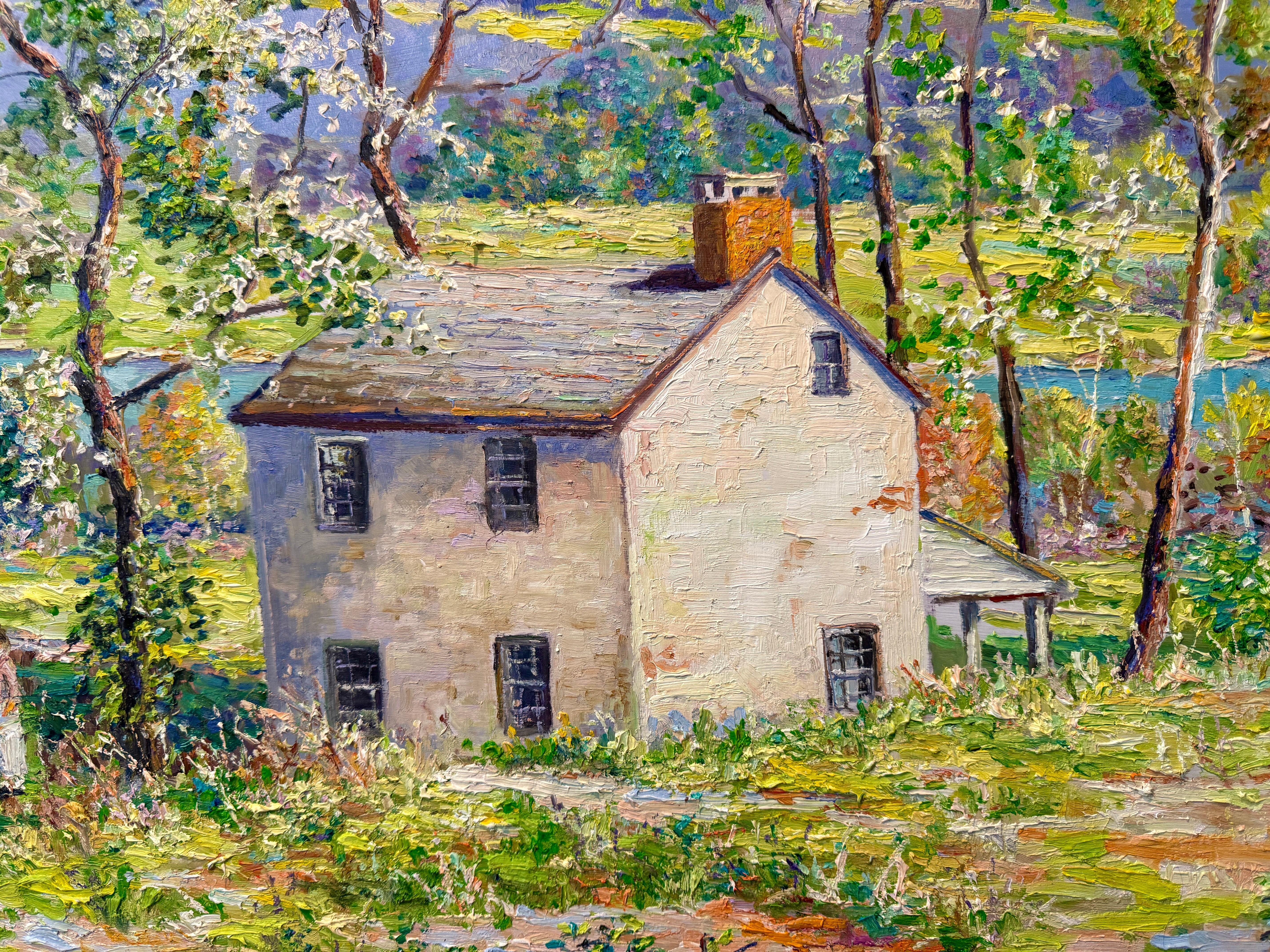 Huilé Chat de l'après-midi Point Pleasant Bucks County Pennsylvania Spring Scene Painting en vente
