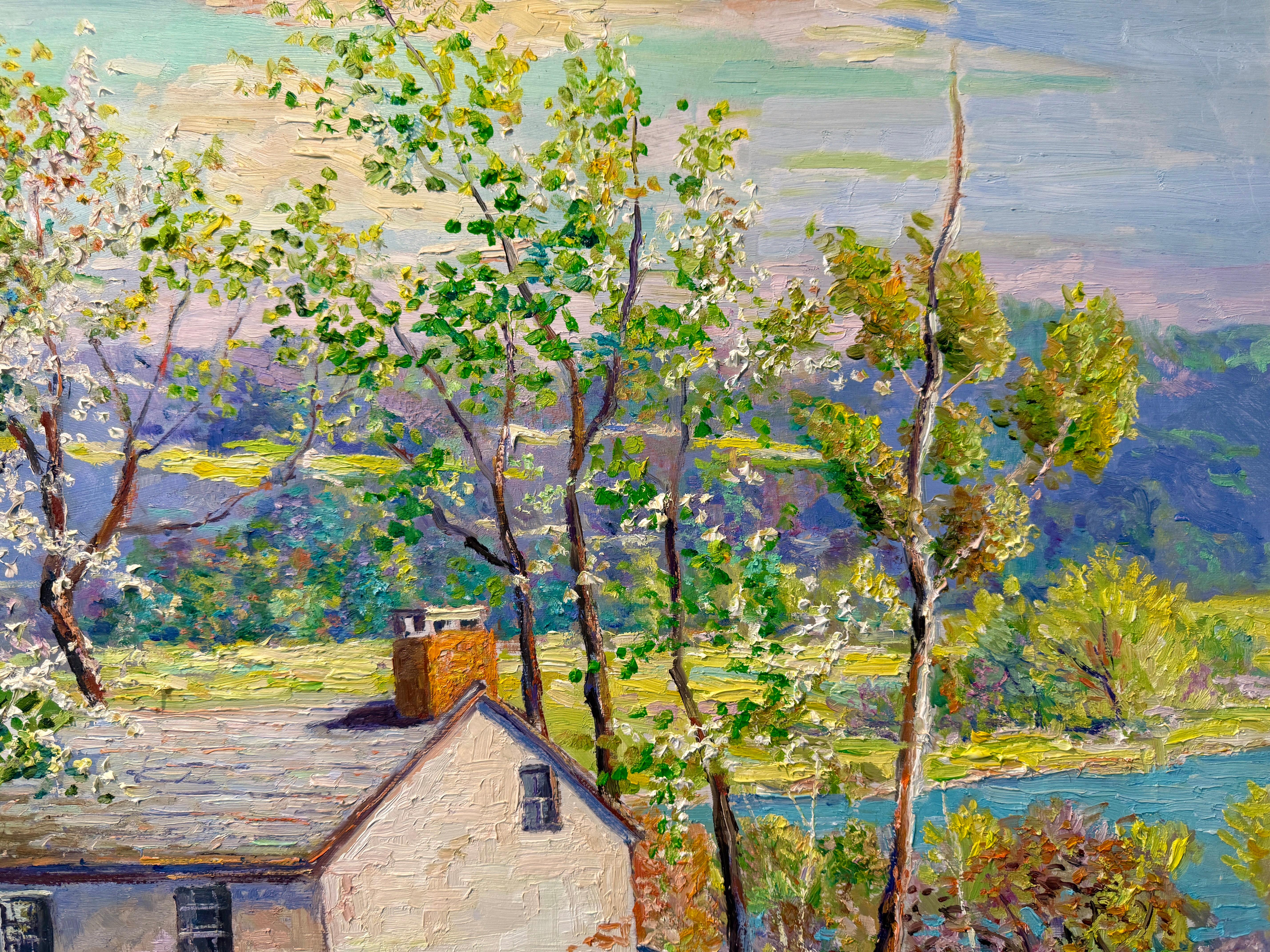Chat de l'après-midi Point Pleasant Bucks County Pennsylvania Spring Scene Painting Excellent état - En vente à Philadelphia, PA