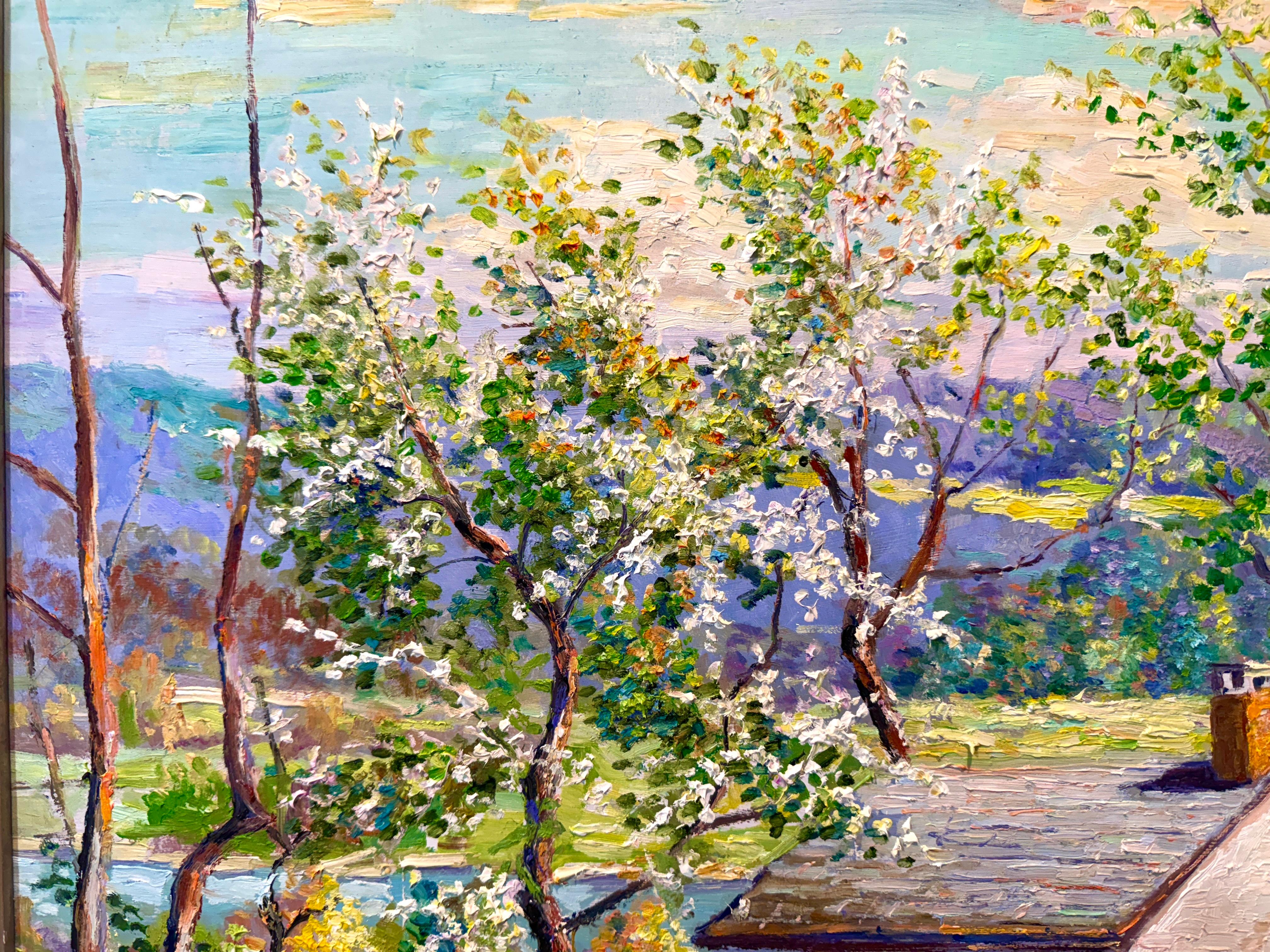 20ième siècle Chat de l'après-midi Point Pleasant Bucks County Pennsylvania Spring Scene Painting en vente