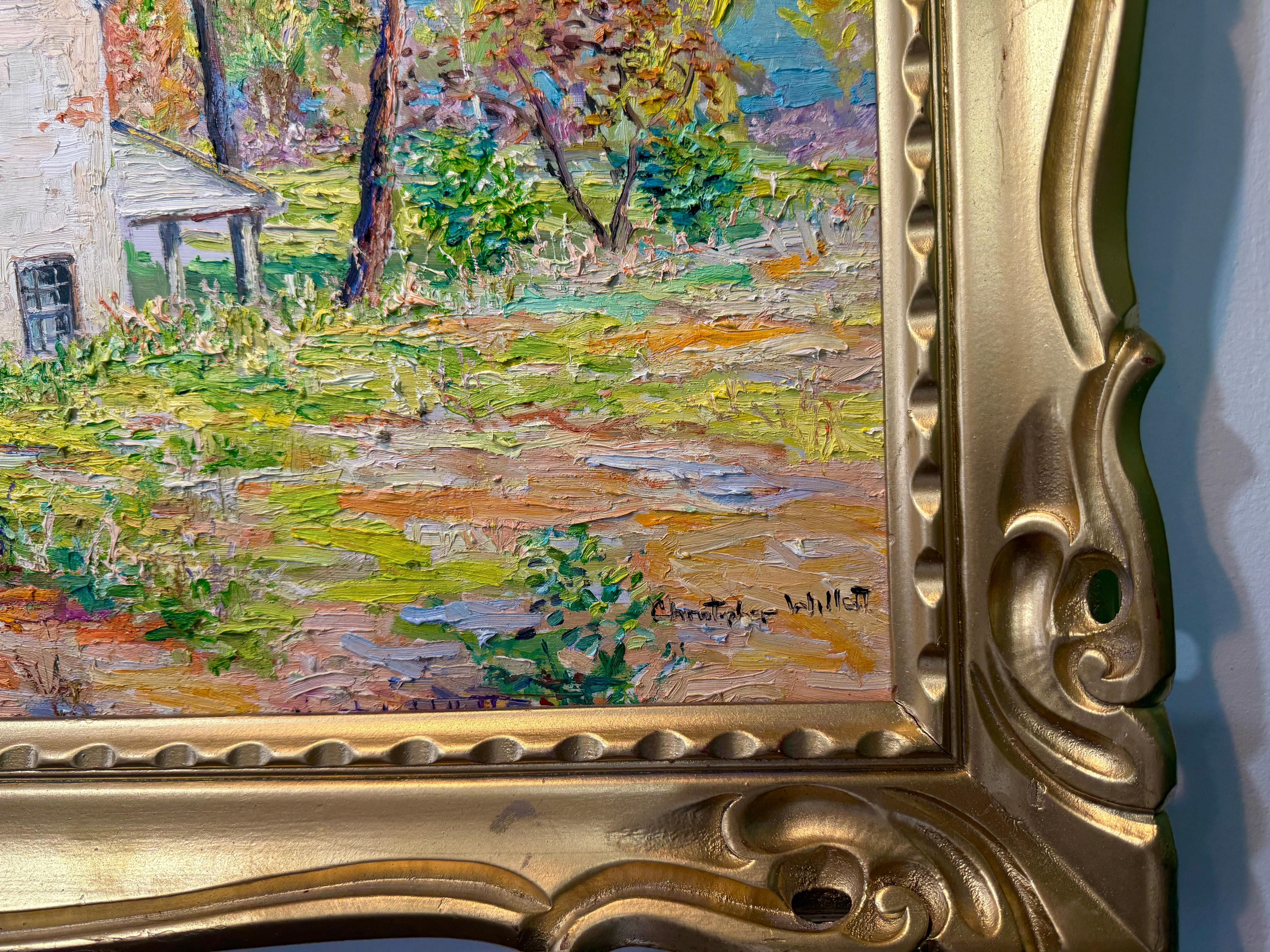 Bois Chat de l'après-midi Point Pleasant Bucks County Pennsylvania Spring Scene Painting en vente