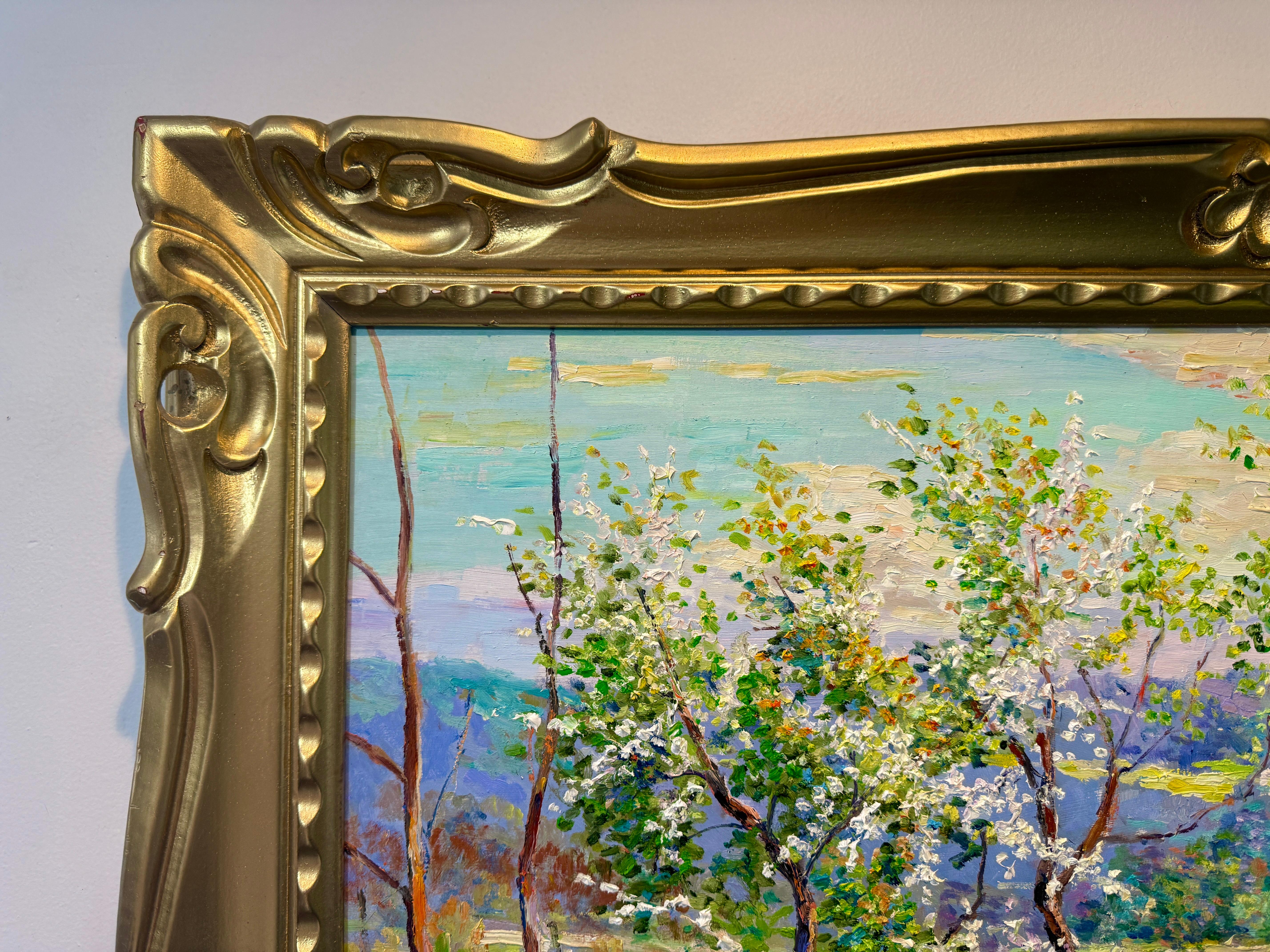 Chat de l'après-midi Point Pleasant Bucks County Pennsylvania Spring Scene Painting en vente 1