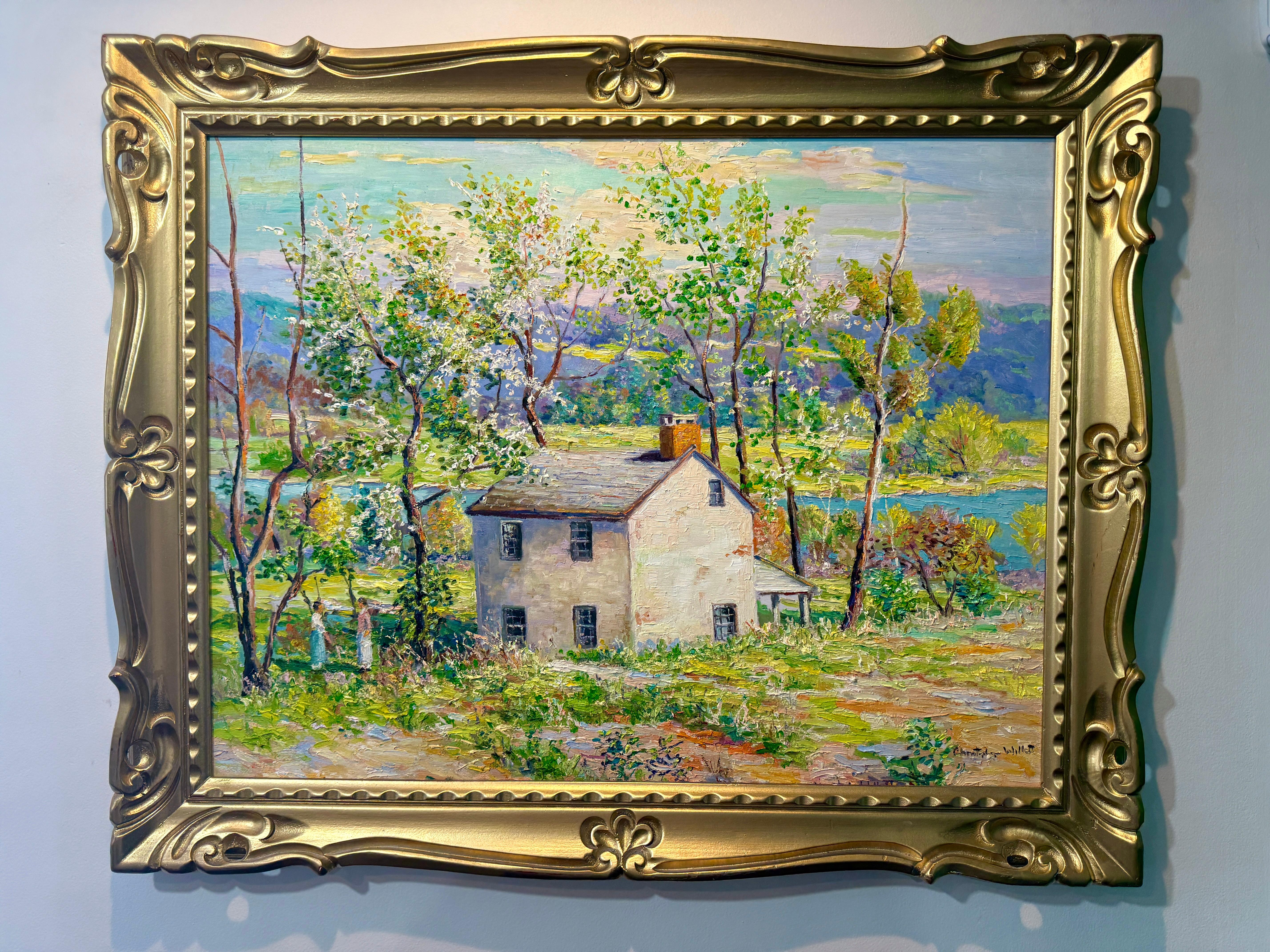 Chat de l'après-midi Point Pleasant Bucks County Pennsylvania Spring Scene Painting en vente 2