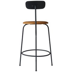 Afteroom Counter Chair, Upholstered, Black Legs and Leather Dunes Cognac Seat