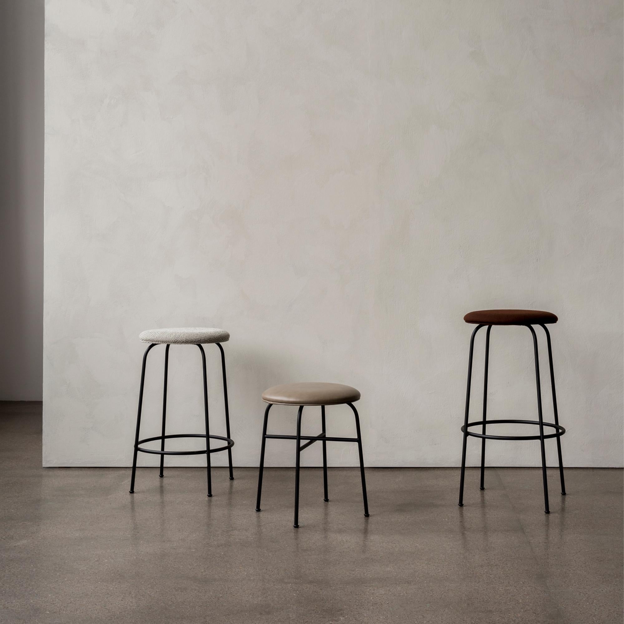 Scandinavian Modern Afteroom Stool, Pitch Black Leather Seat and Black Steel Legs