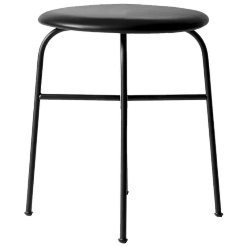 Afteroom Stool, Pitch Black Leather Seat and Black Steel Legs