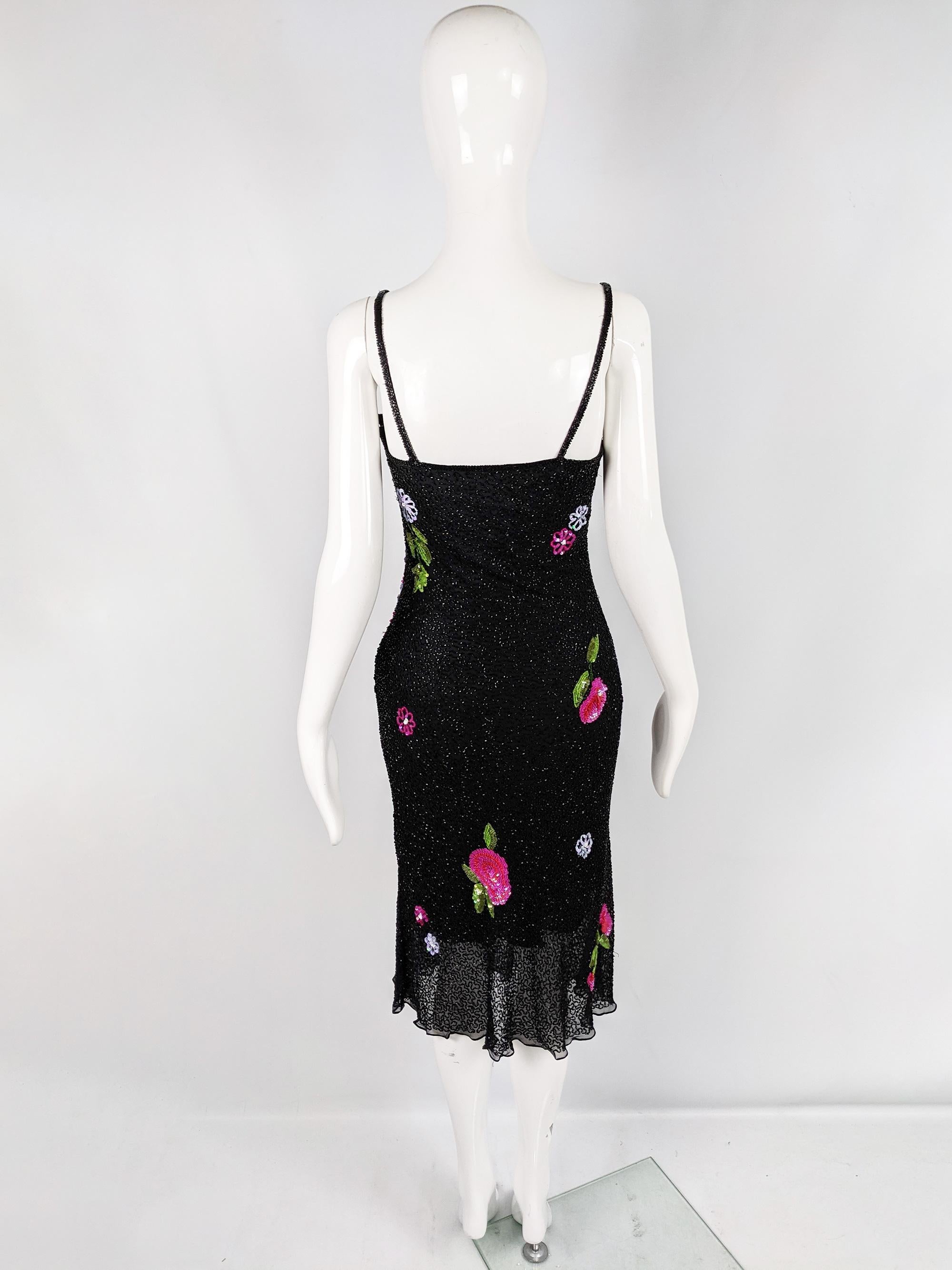 Aftershock Vintage 90s Black Party Silk Beaded & Sequin Slip Dress, 1990s In Good Condition For Sale In Doncaster, South Yorkshire