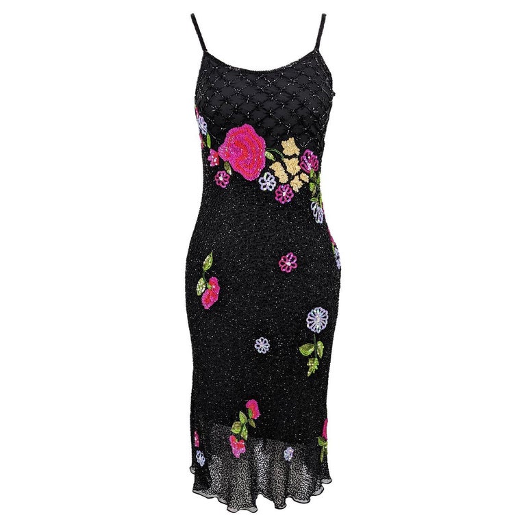 Aftershock Vintage 90s Black Party Silk Beaded & Sequin Slip Dress, 1990s