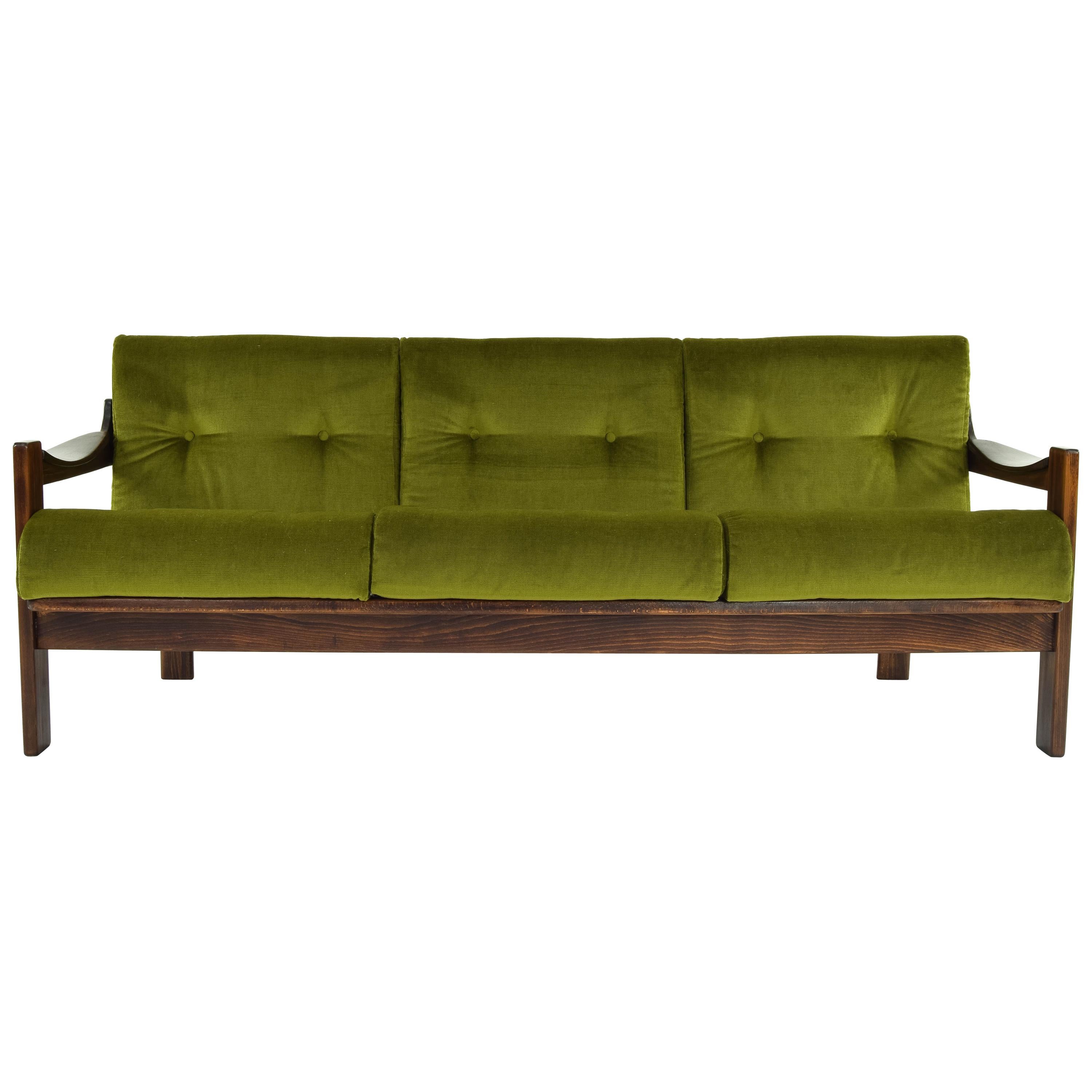 AG Barcelona Mid-Century Modern Velvet and Walnut Three-Seat Sofa, Spain 1970