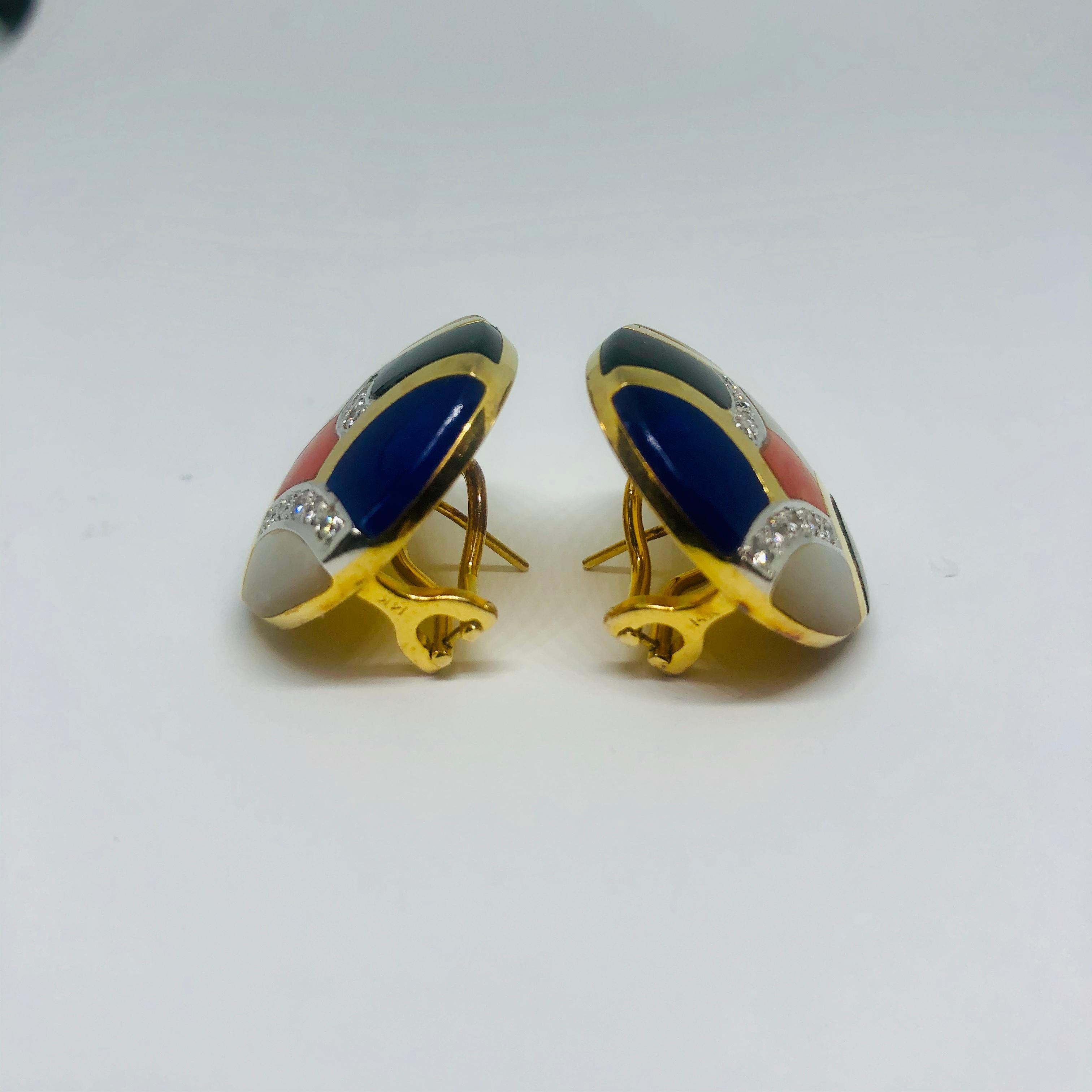 Women's Asch Grossbardt Diamond Enamel 14 Karat Yellow Gold Disc Earrings