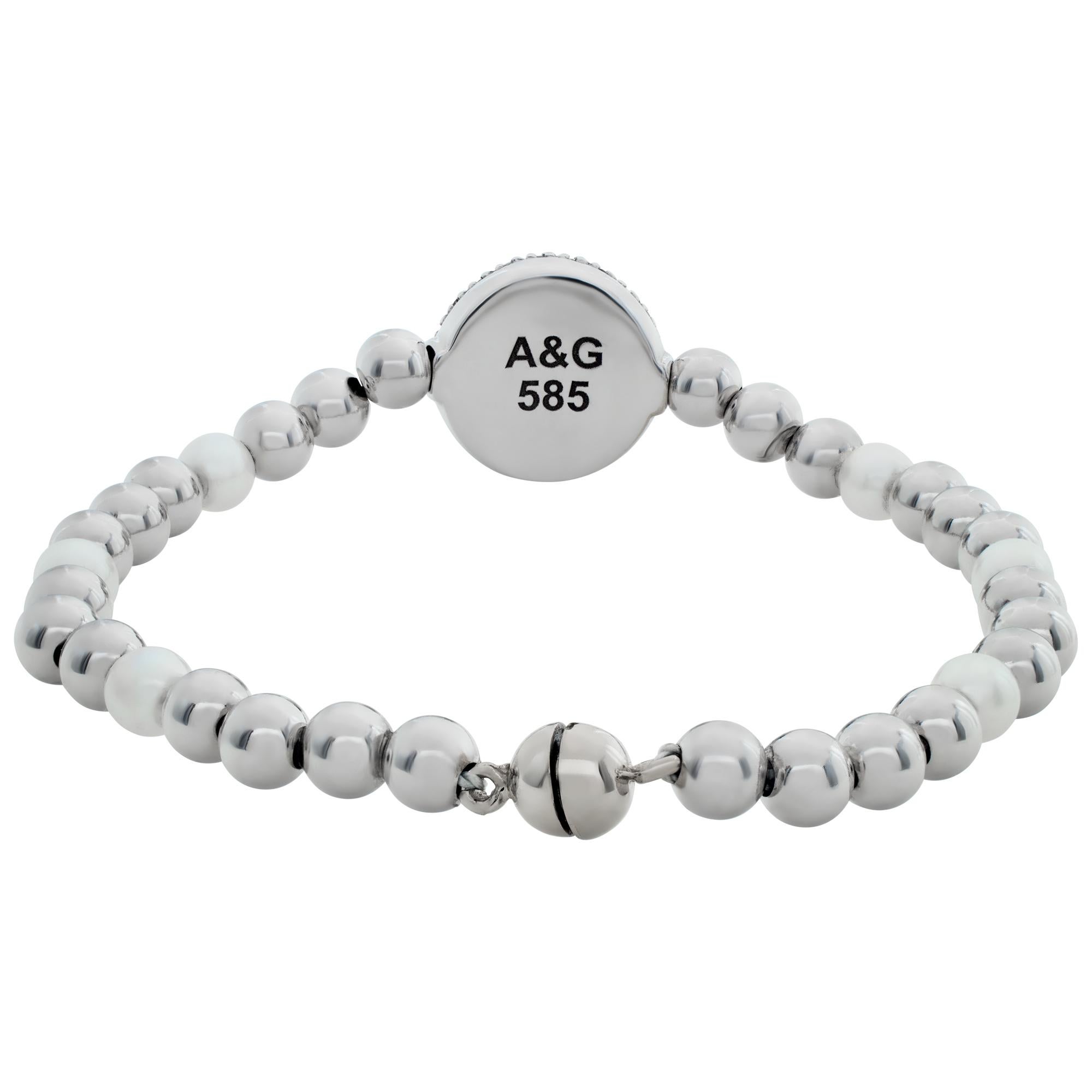 Bracciale con perline e pavé di diamanti firmato A&G in oro bianco 14k In condizioni ottime in vendita a Surfside, FL