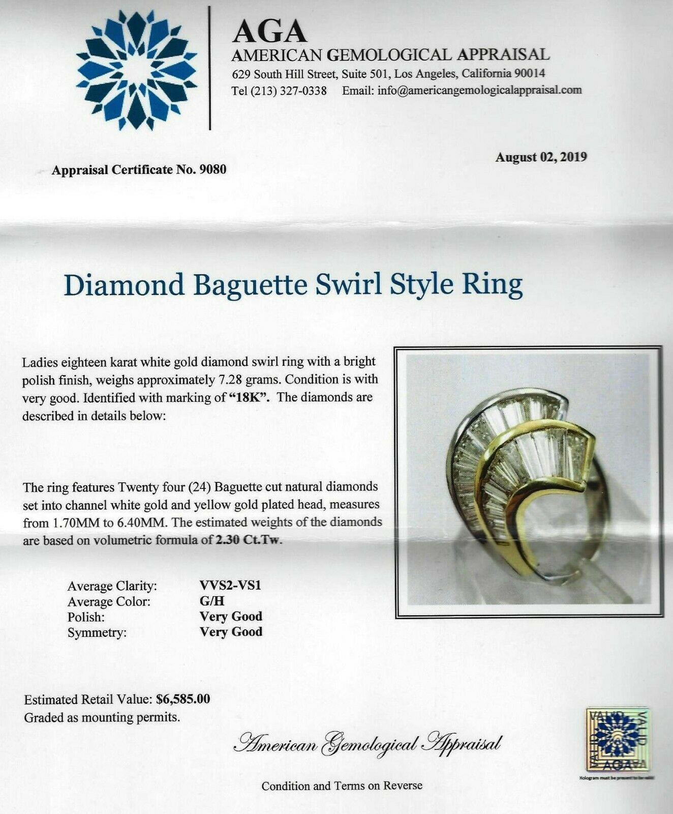 Women's or Men's AGA Certified 18K 2-Tone Ring with Baguette Cut Diamonds G/H VVS2-VS1 2.30 Carat