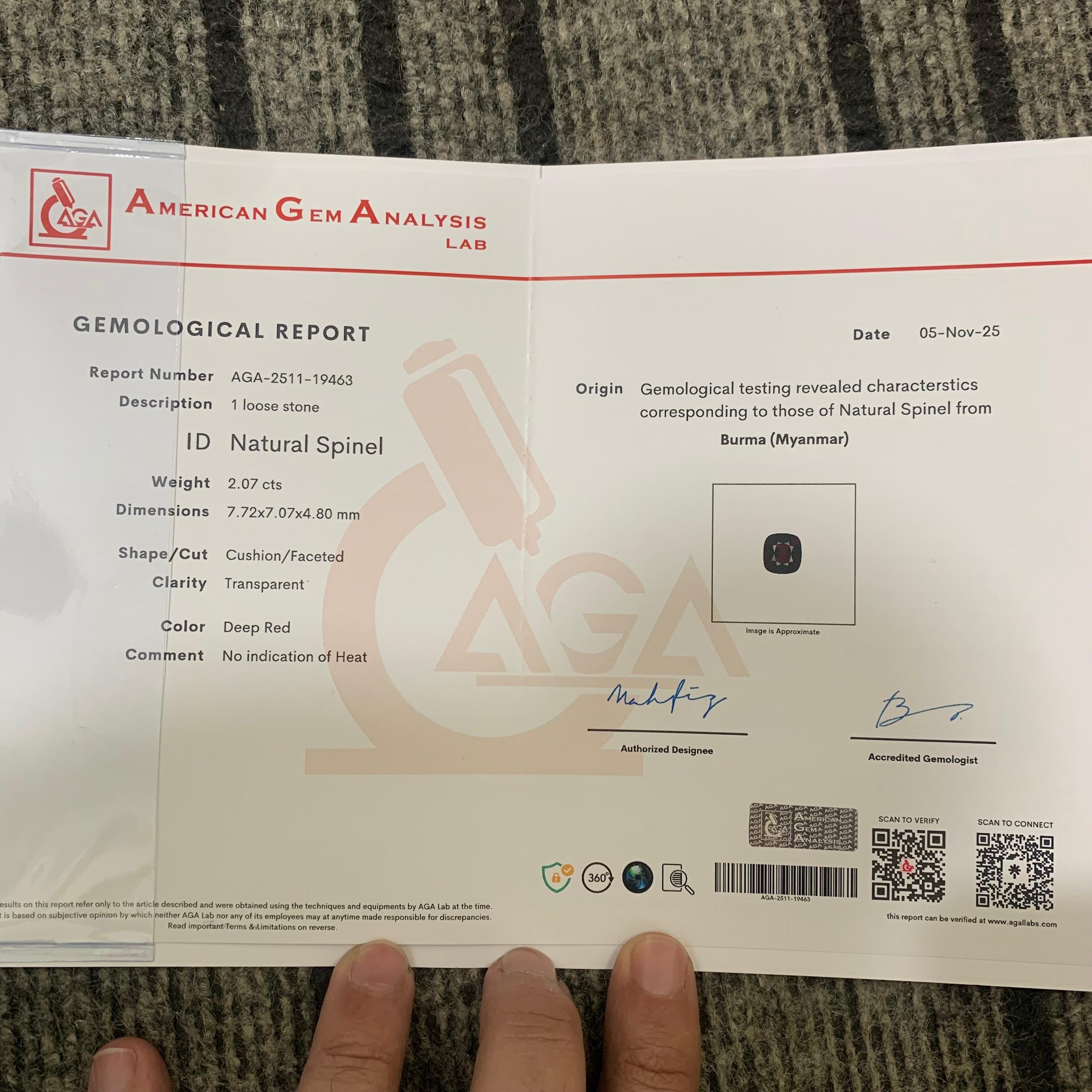 Spinello birmano sciolto naturale certificato AGA da 2,07 carati proveniente dal Myanmar in vendita 7