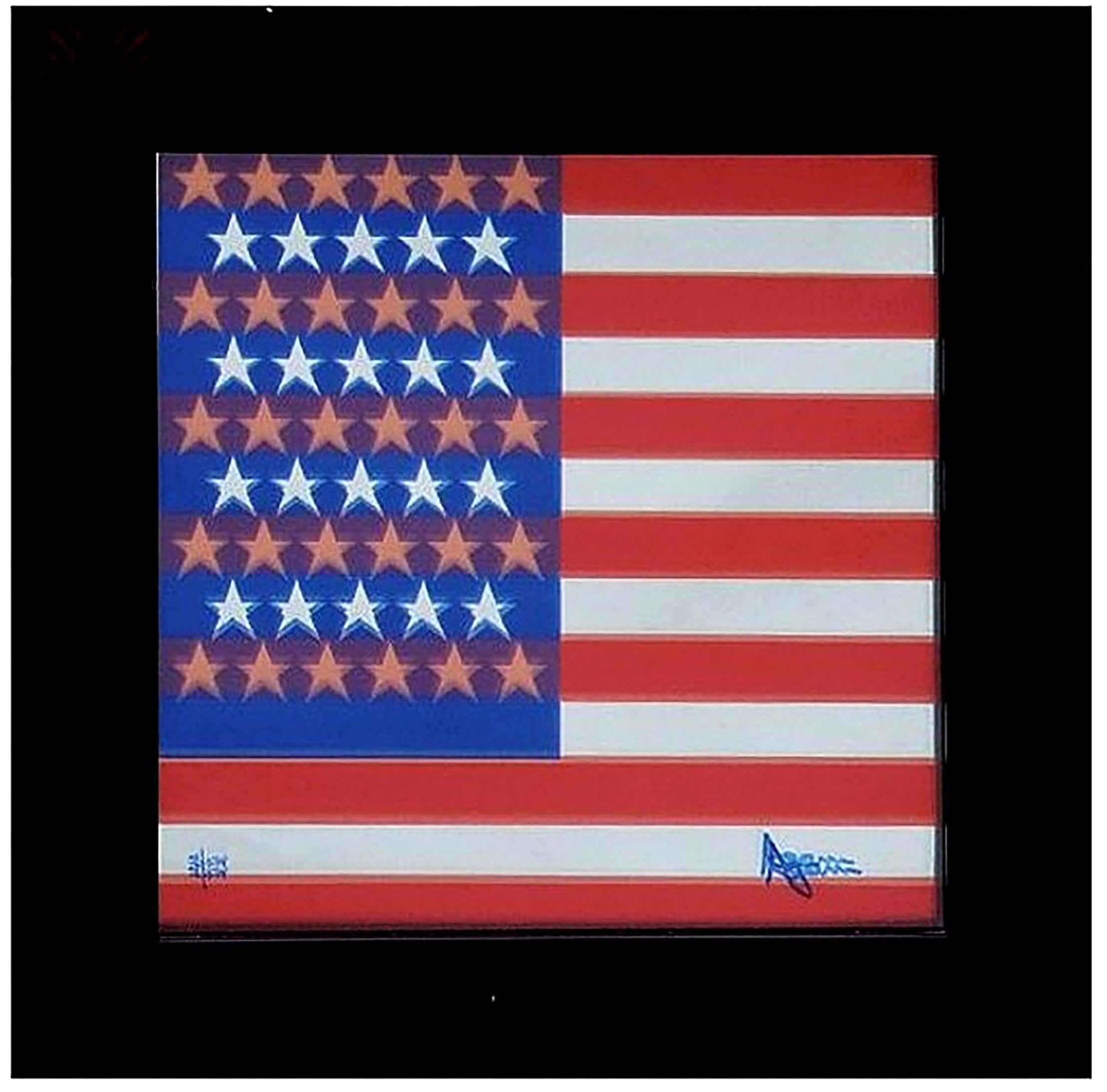 Agam - AMERICAN FLAG
1976
Das Werk wurde anlässlich der Zweihundertjahrfeier der Vereinigten Staaten realisiert!
Siebdruck auf Spiegel / Agamograph
Signiert mit Filzstift 22/75 