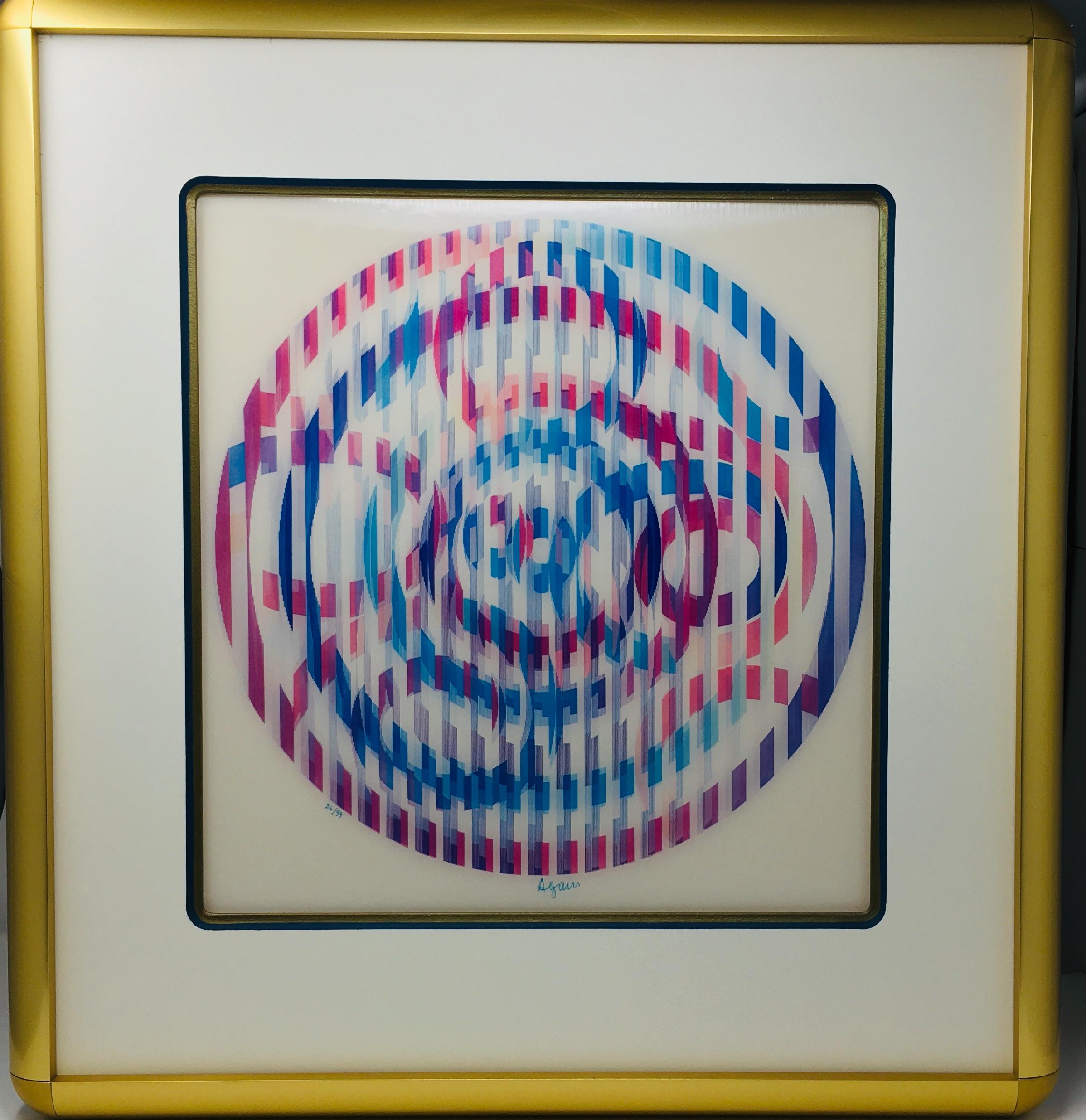Yaacov Agam (Israeli, born 1928)
Untitled
Agamograph (lenticular/kinetic print)
Signed lower right
Edition 33/99
Sight: 15in H x  x 141/4in L 
In a custom brass frame: 23 3/4in H x 22 1/2in. L 

An agamograph is an artwork that when viewed from
