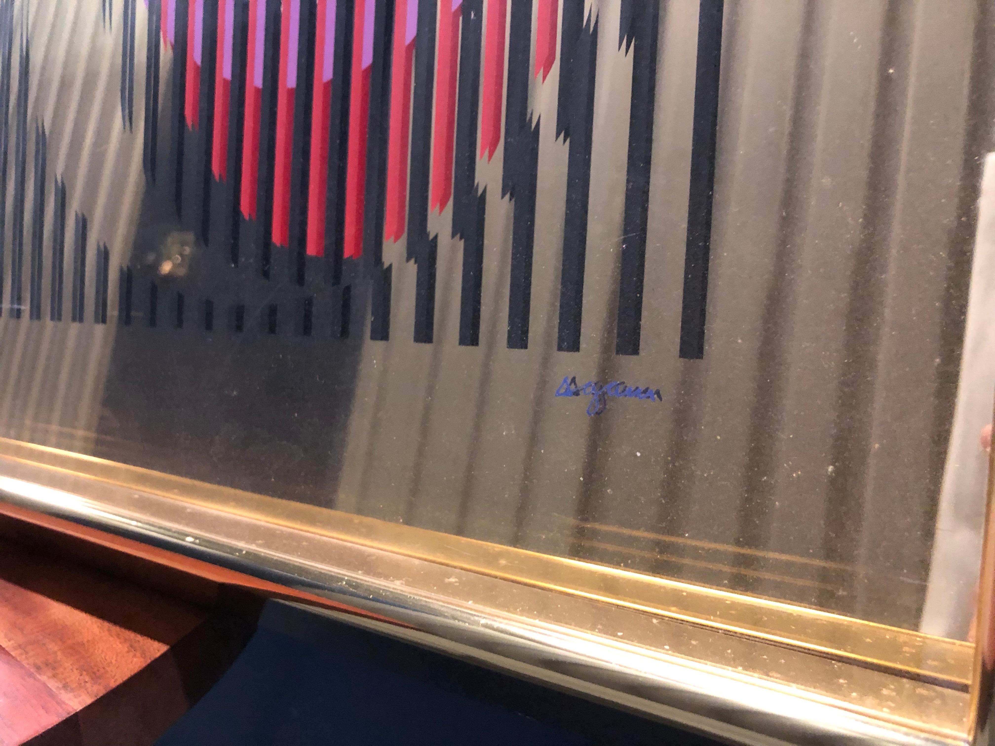 Mirror silkscreen - Kinetic geometric abstract - Orange Abstract Print by Yaacov Agam