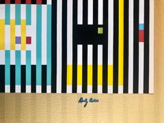 Yaacov Agam Large Silkscreen Colors on Gold Signed Israeli Kinetic Op Art Print
