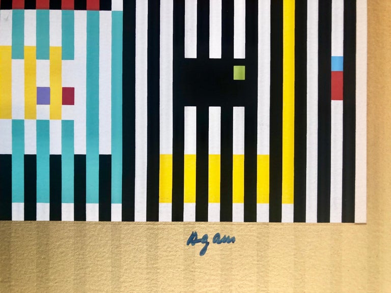 Yaacov Agam Large Silkscreen Colors on Gold Signed Israeli Kinetic Op Art Print  For Sale 1