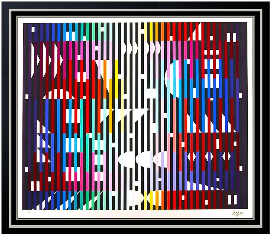 Yaacov Agam Authentic & Large Original silkscreen Professionally Custom Framed and listed with the Submit Best Offer option
Accepting Offers Now:  Up for sale here we have an Brilliant and Bold silkscreen by Yaacov Agam titled, "Night Rainbow", with