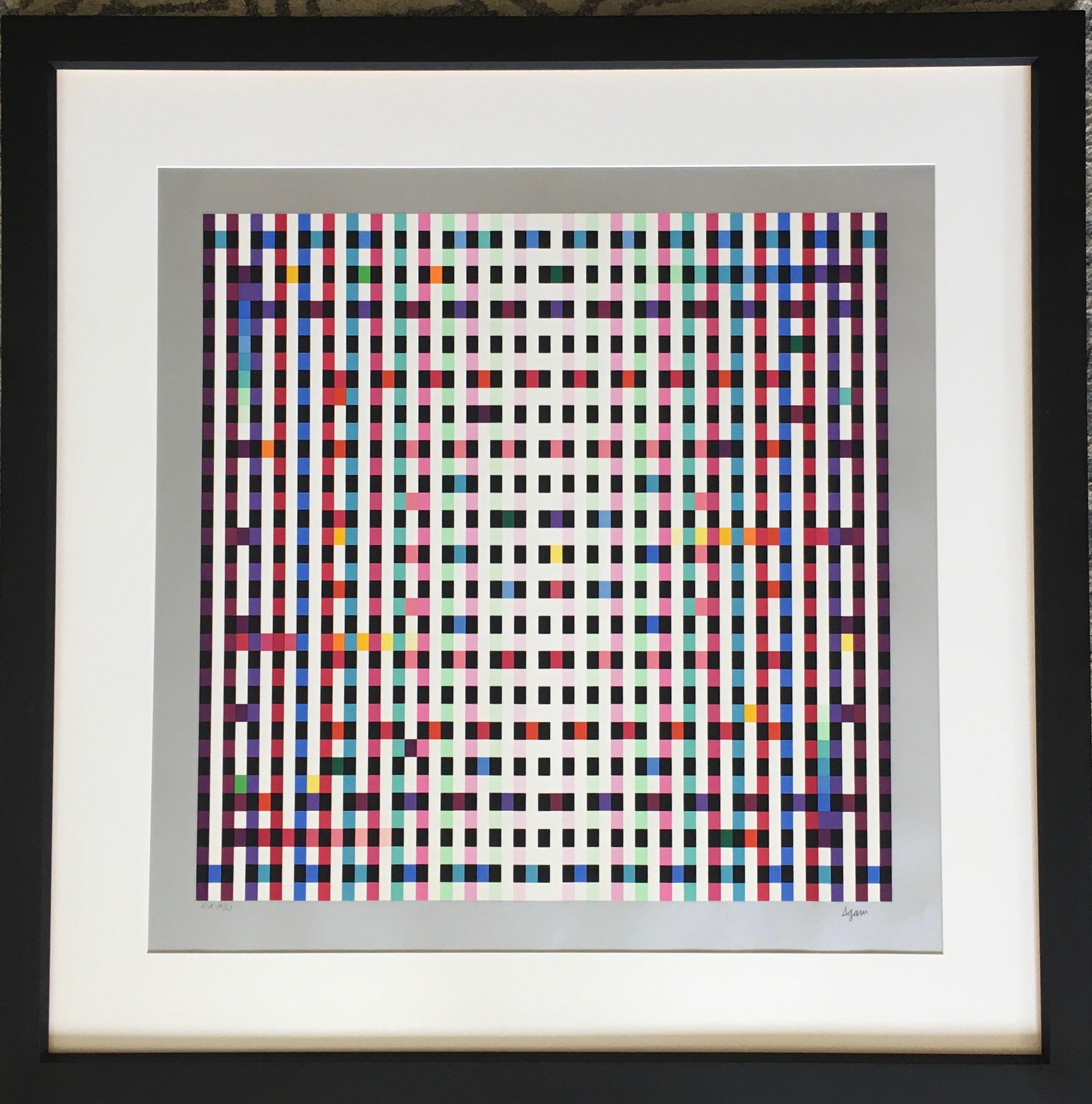 Yaacov Agam (Israeli, born 1928)
Untitled, late 20th century
Serigraph in colors on wove paper with silver slight metallic border
Artist's Proof. Marked 'E.A. 14/27' in pencil lower left. (épreuve d'artiste)
Signed in pencil lower right
24 3/4in H x