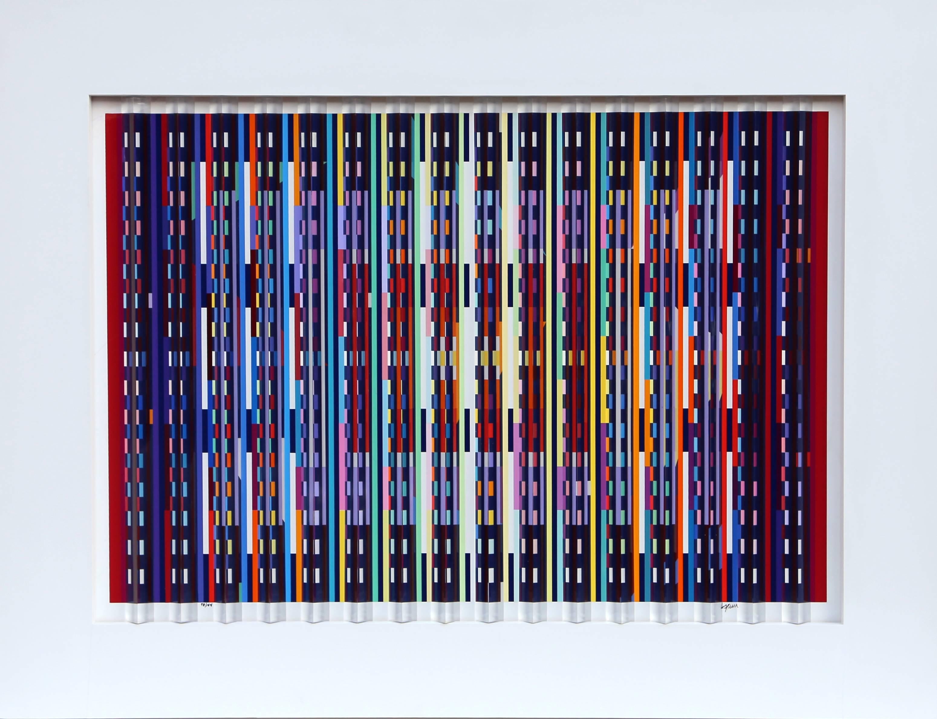 Artist: Yaacov Agam, Israeli (1928 - )
Title: Midnight Blue
Yea: 1980
Medium: Prismagraph, signed and numbered in ink
Edition: 144 
Image Size: 19.5 x 28 inches
Frame Size: 26 x 35 inches