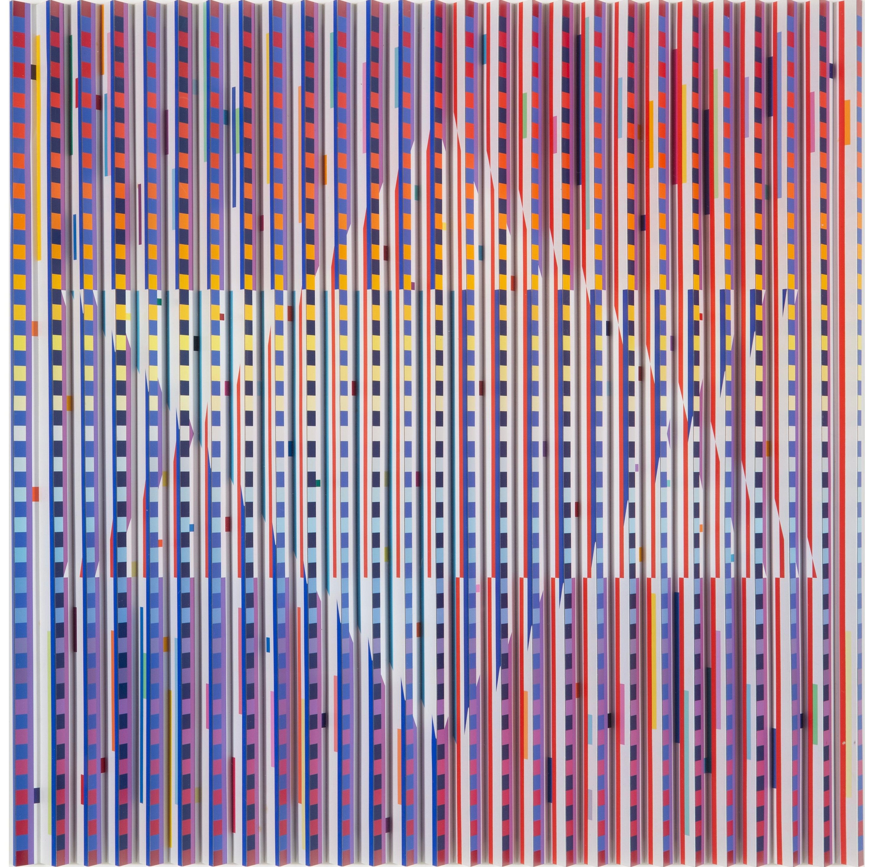 This beautiful iconic piece from Yaacov Agam is one of most known art work. It is a Polymorph kinetic wall sculpture that is looking differently depending on the angle you look at it.
It was done in 1983 and is part of an edition of 150.
It is hand