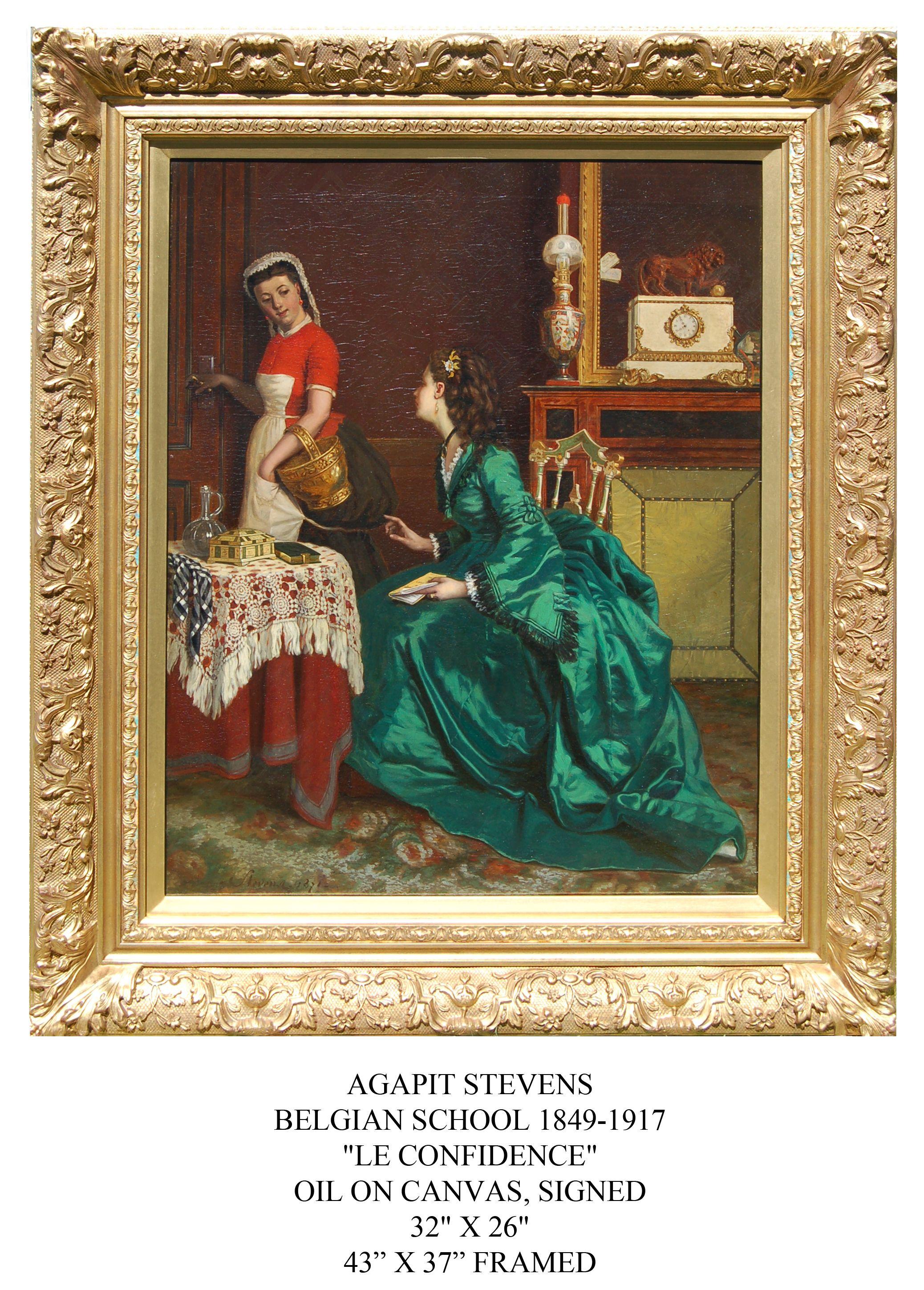 19th century interior portrait of a lady of wealth having a chat with her maid. - Painting by Agapit Stevens