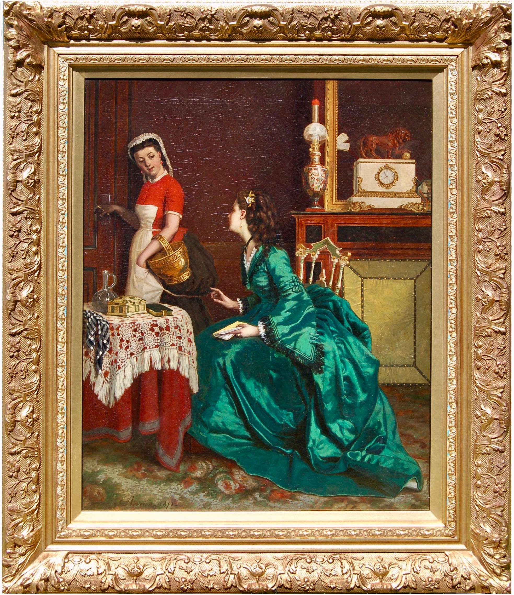 Agapit Stevens Interior Painting - 19th century interior portrait of a lady of wealth having a chat with her maid.
