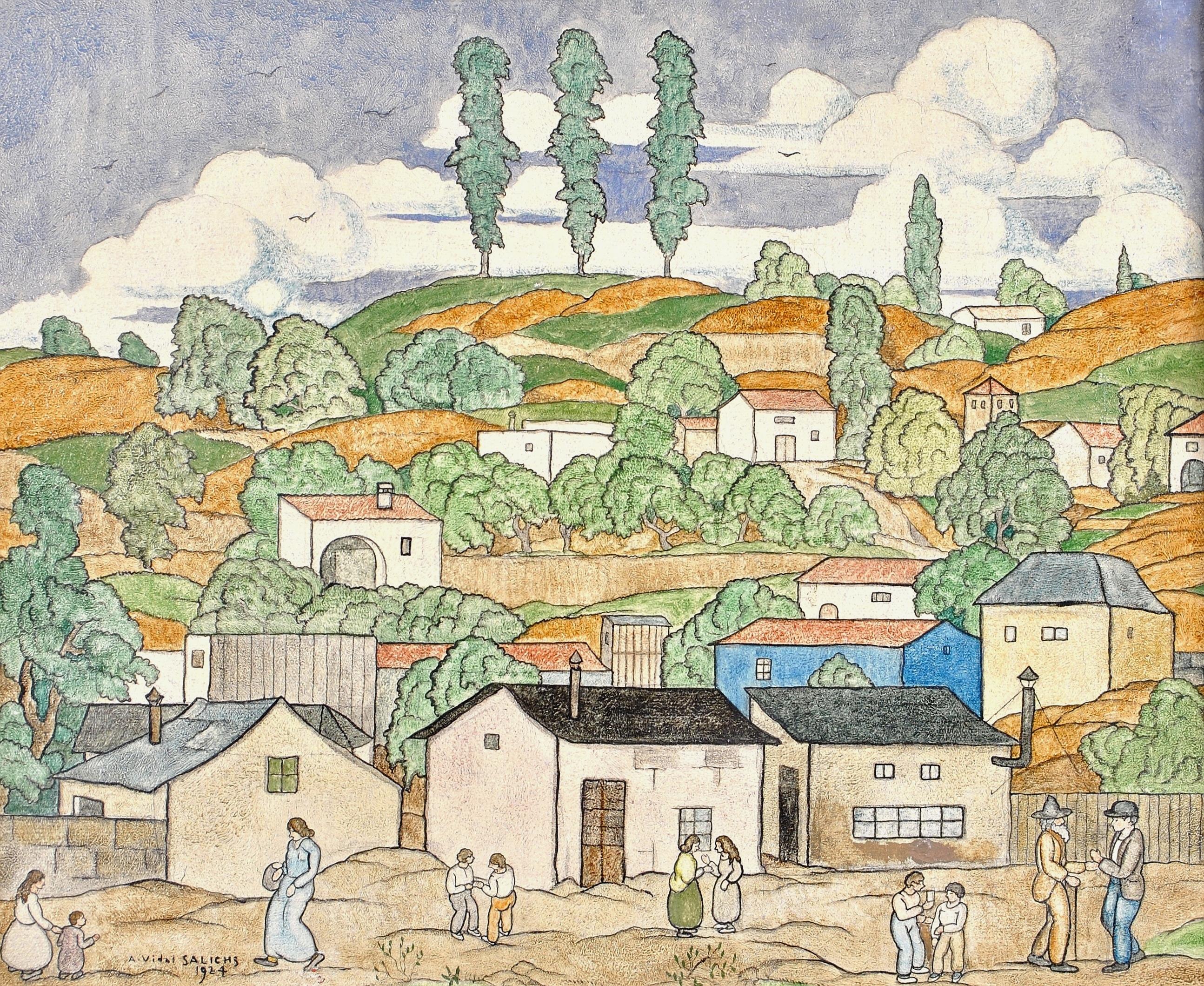 Figures dans un paysage -  Peinture à l'huile Naif Provence du début du 20e siècle - Painting de Agapit Vidal Salichs