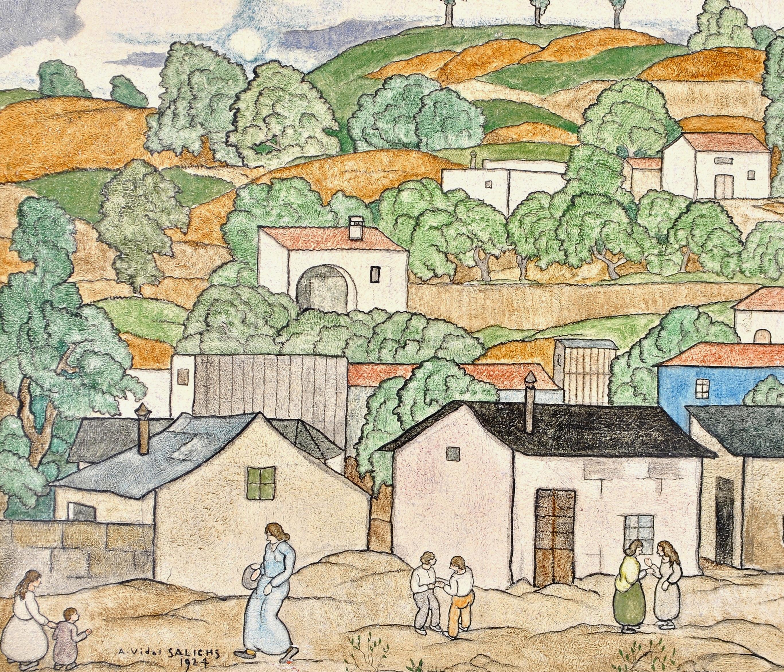 Magnifique huile sur toile naïve française du début du 20e siècle d'Agapit Vidal Salichs représentant des personnages dans un paysage, probablement de Provence. 

L'œuvre est signée et datée de 1924 en bas à gauche et est présentée dans un