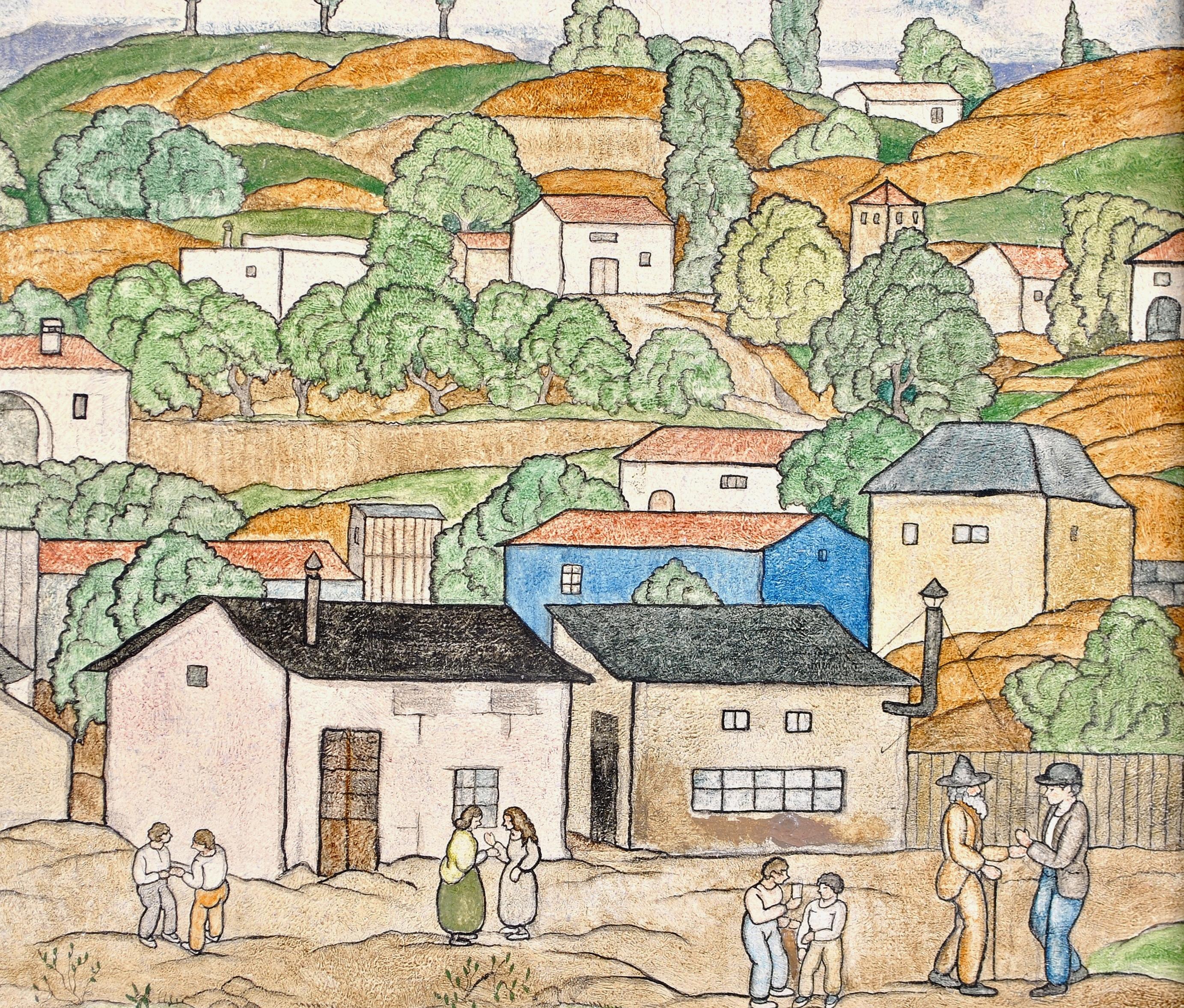Figures dans un paysage -  Peinture à l'huile Naif Provence du début du 20e siècle en vente 1