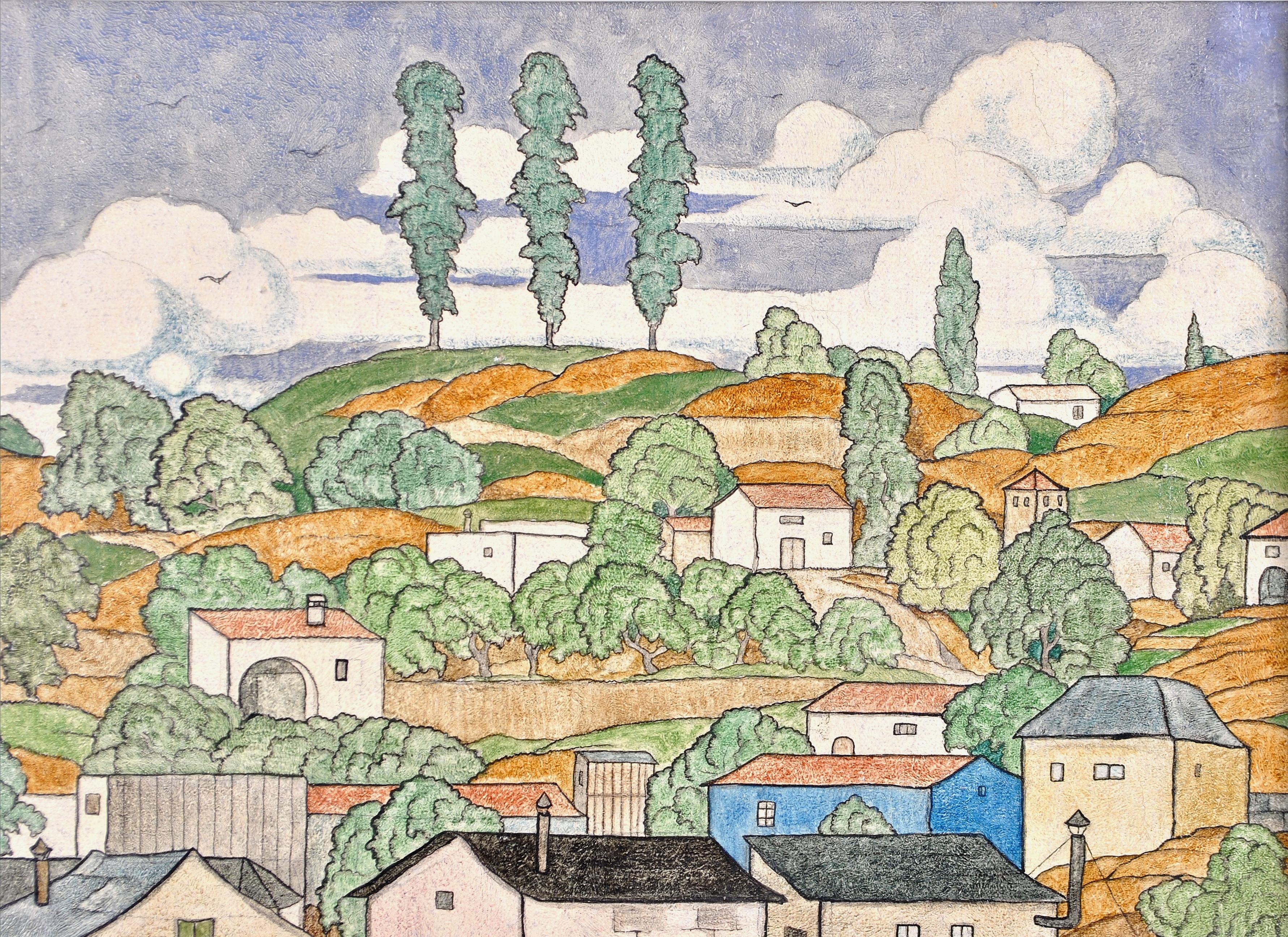 Figures dans un paysage -  Peinture à l'huile Naif Provence du début du 20e siècle en vente 2