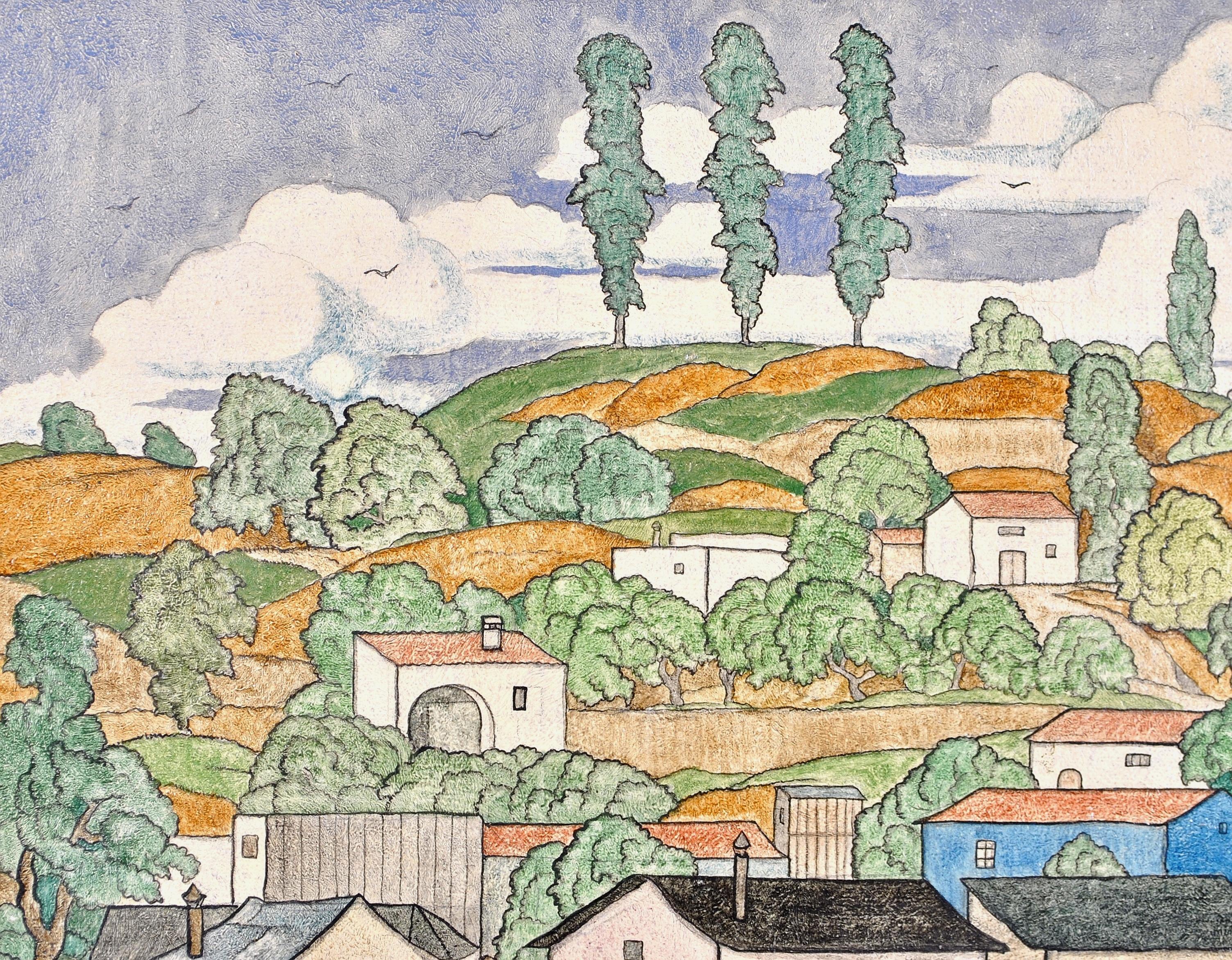 Figures dans un paysage -  Peinture à l'huile Naif Provence du début du 20e siècle en vente 3