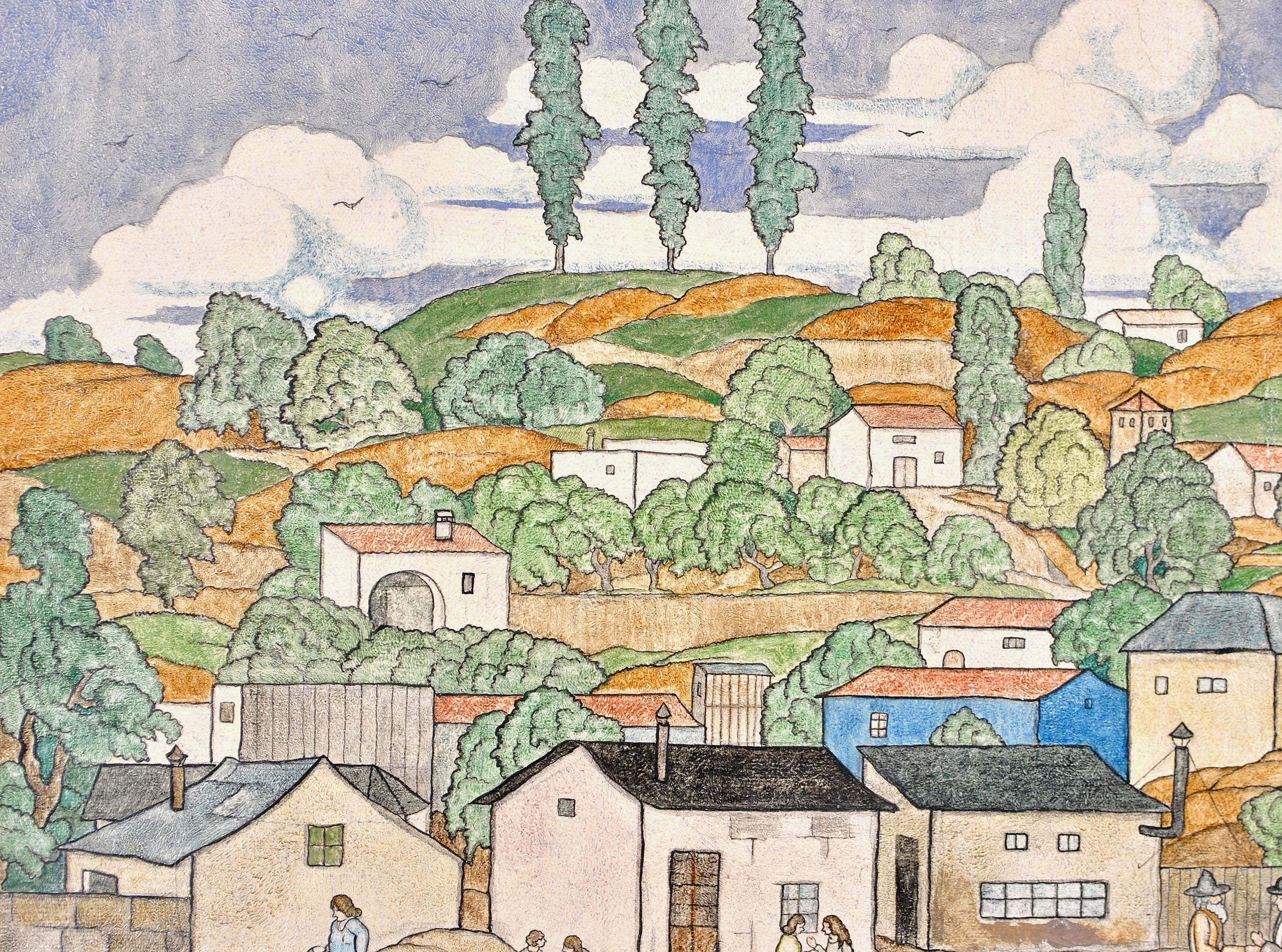 Figures dans un paysage -  Peinture à l'huile Naif Provence du début du 20e siècle en vente 4