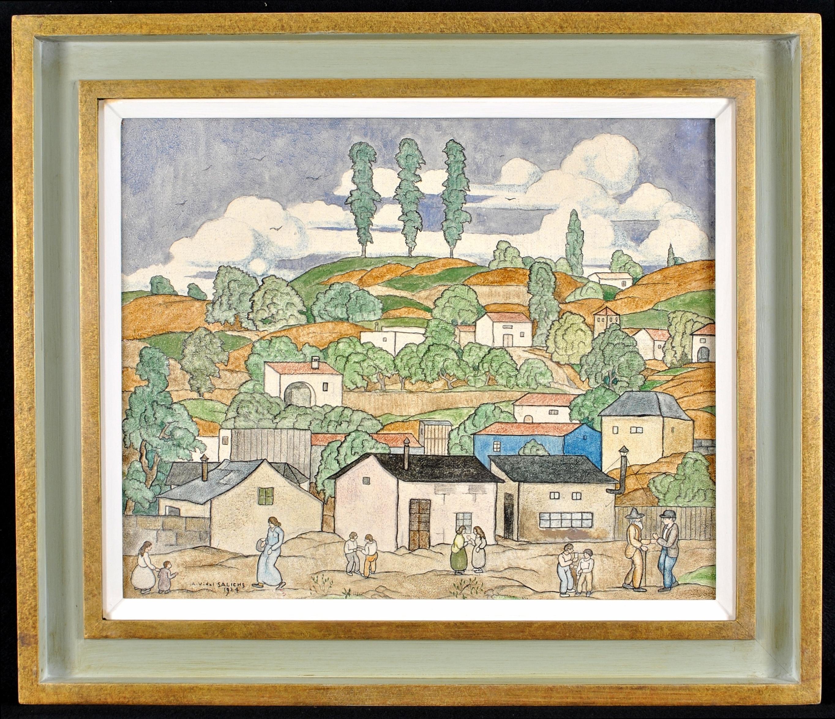 Landscape Painting Agapit Vidal Salichs - Figures dans un paysage -  Peinture à l'huile Naif Provence du début du 20e siècle