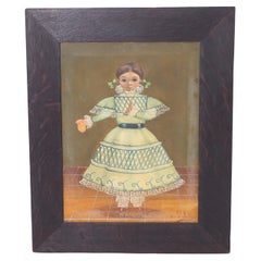 Antique Agapito Labios Folk Art Oil Painting on Canvas of a Girl in a Dress
