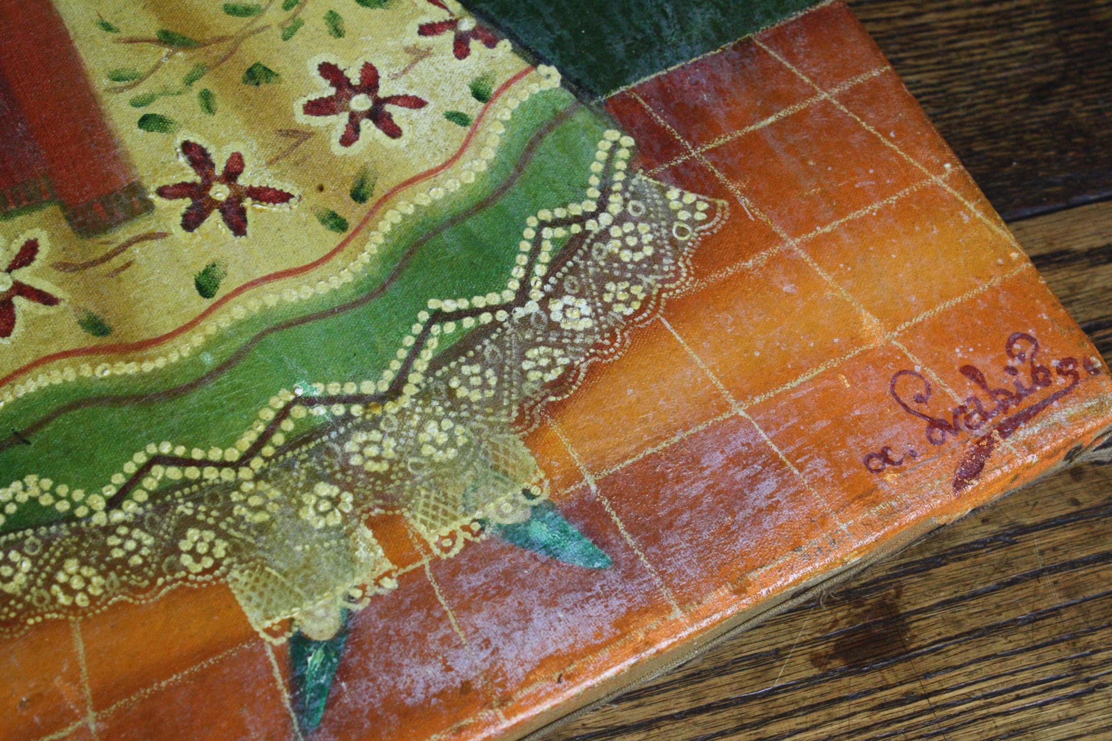 Un dipinto dolce e soave di una giovane ragazza in abito tradizionale, ritratta con colori giallo pallido e verde applicati spesso con vernice bianca in un motivo a pizzo. La ragazza tiene in mano un fiore.

Agapito Labios (Messicano 1898-1996)