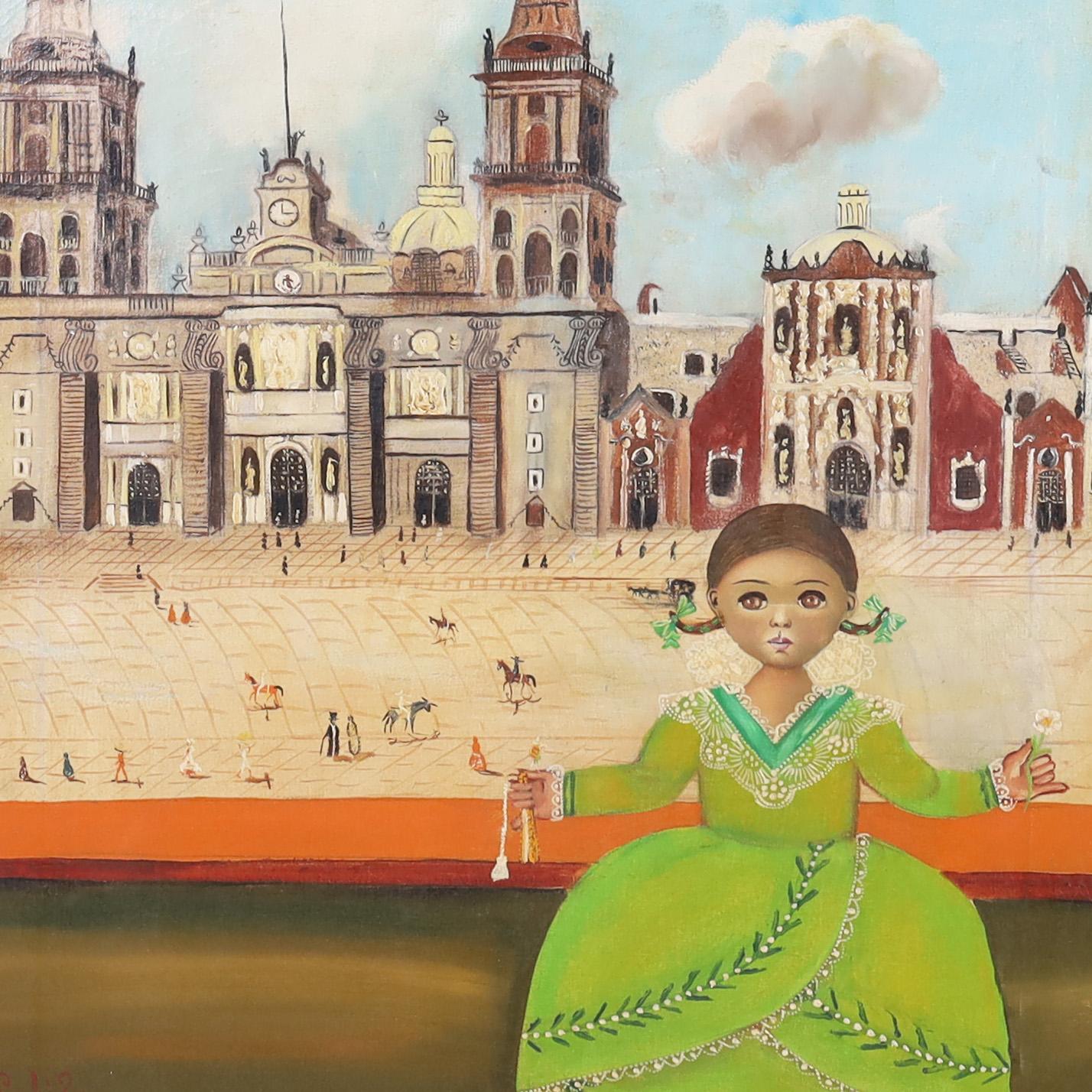 Encantadora pintura al óleo sobre lienzo de una muchacha con un vestido ceremonial sobre un fondo arquitectónico ejecutado en un marcado estilo de arte popular ingenuo. Firmado Agapito Labios y presentado en el marco original de madera dorada.
