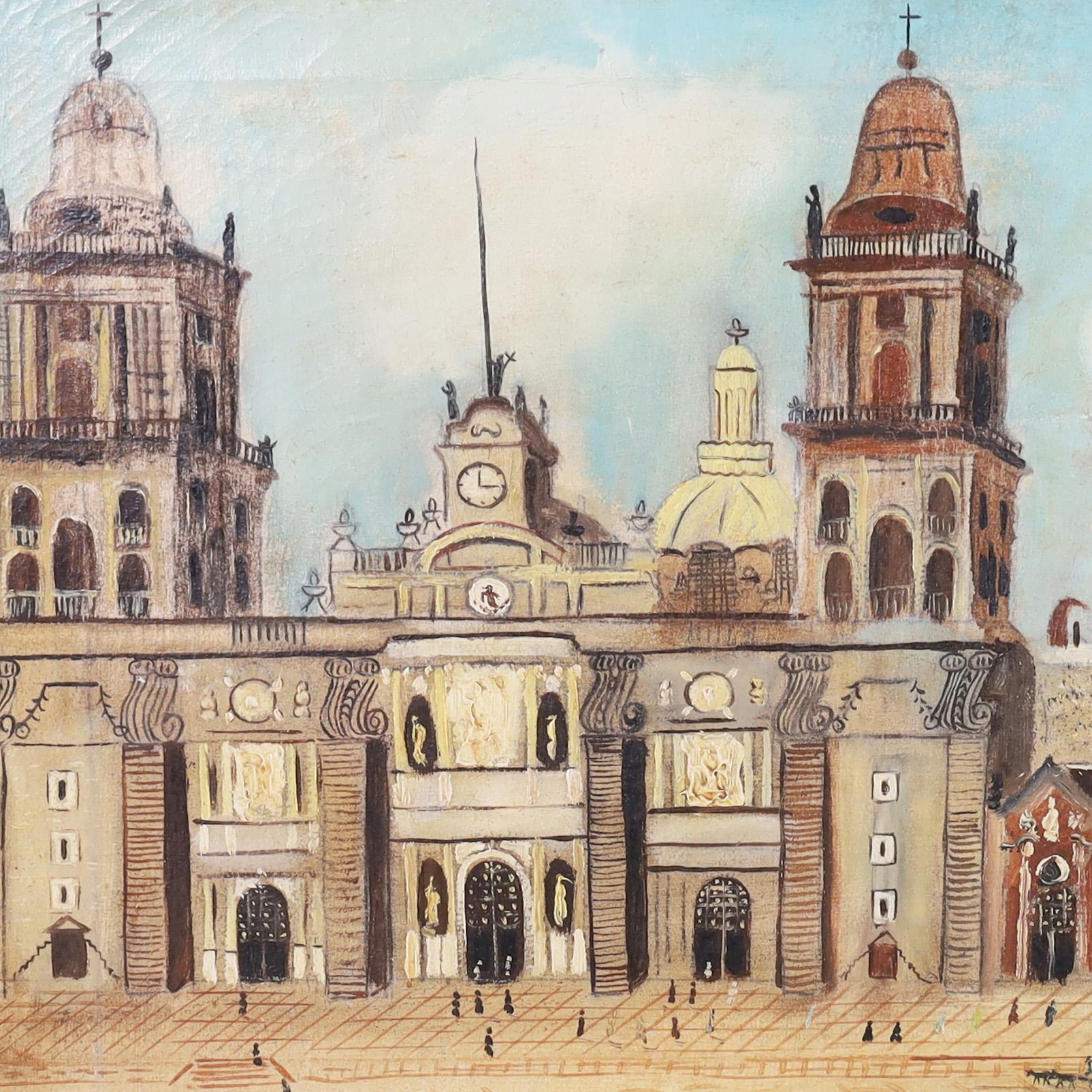 Agapito Labios Pintura al óleo de arte popular mexicano sobre lienzo de una niña Arte popular en venta