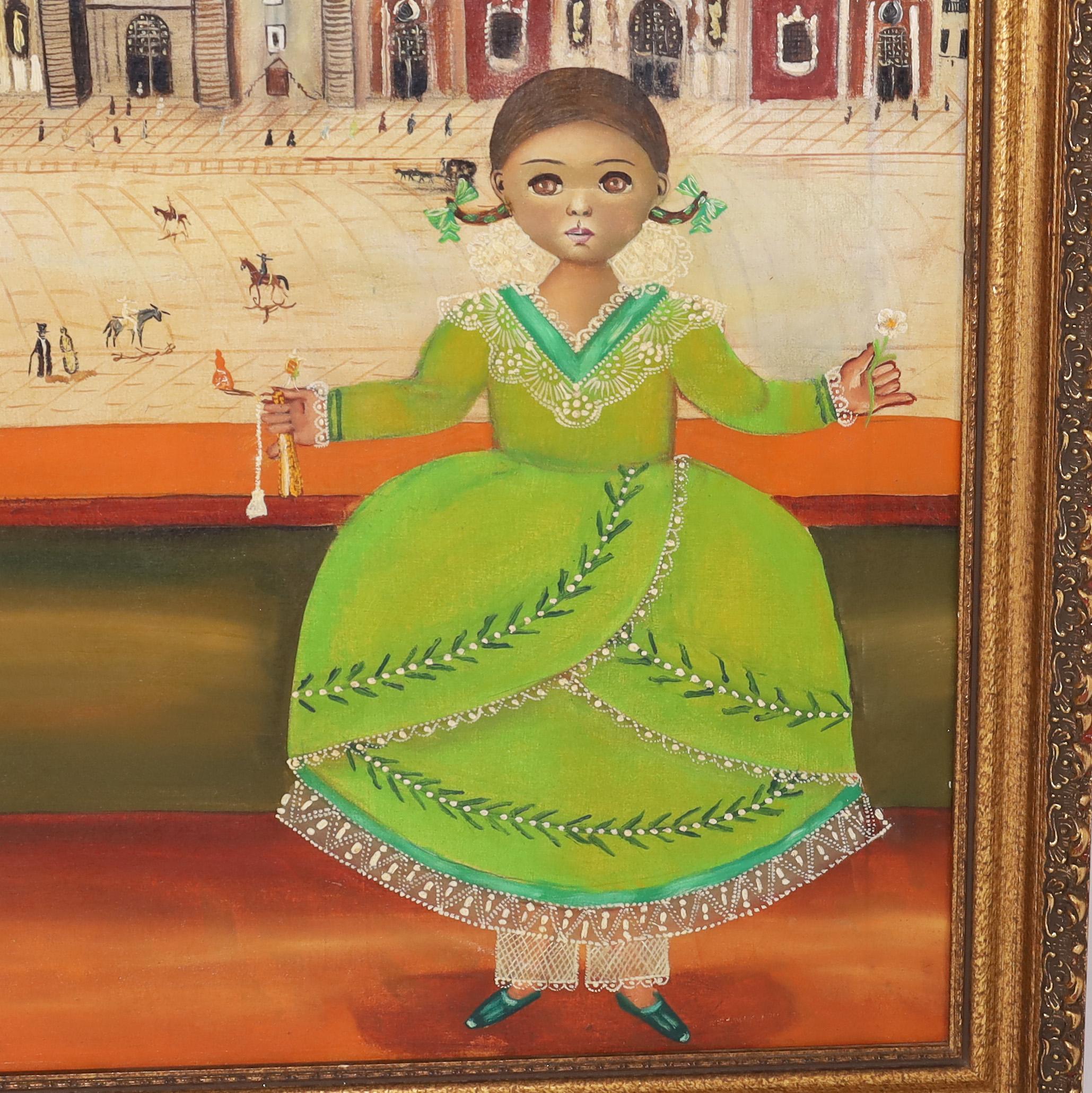 Agapito Labios Pintura al óleo de arte popular mexicano sobre lienzo de una niña en Bueno estado para la venta en Palm Beach, FL